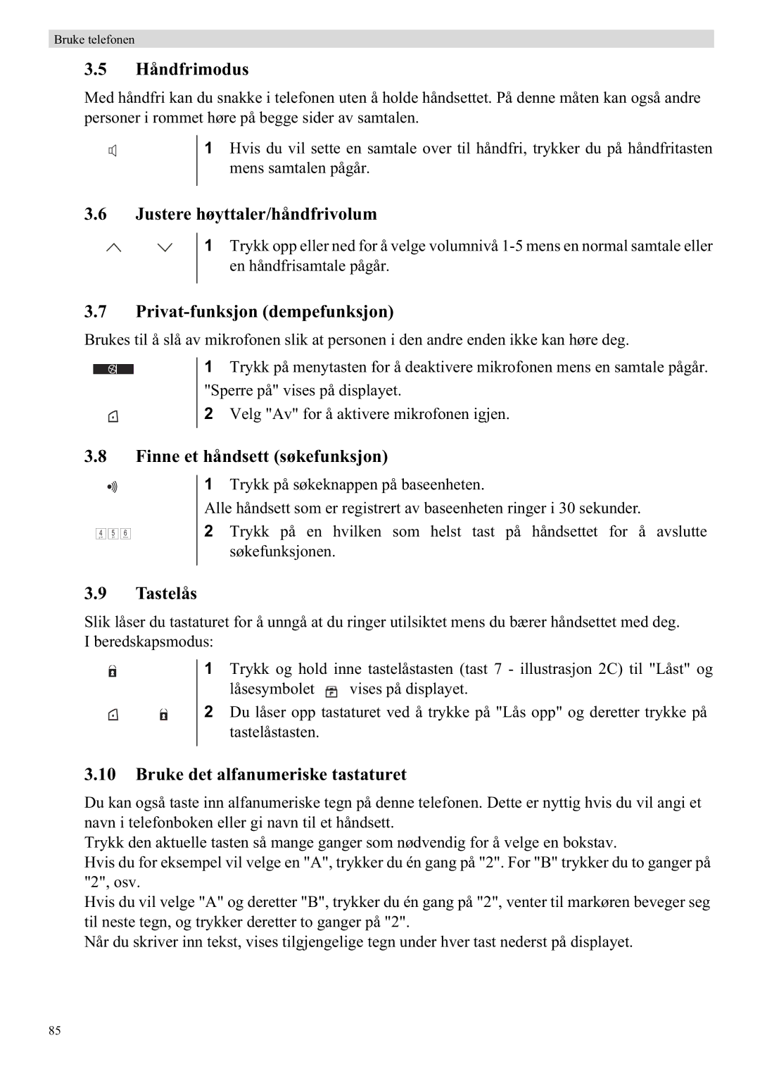 Topcom 5750 Håndfrimodus, Justere høyttaler/håndfrivolum, Privat-funksjon dempefunksjon, Finne et håndsett søkefunksjon 