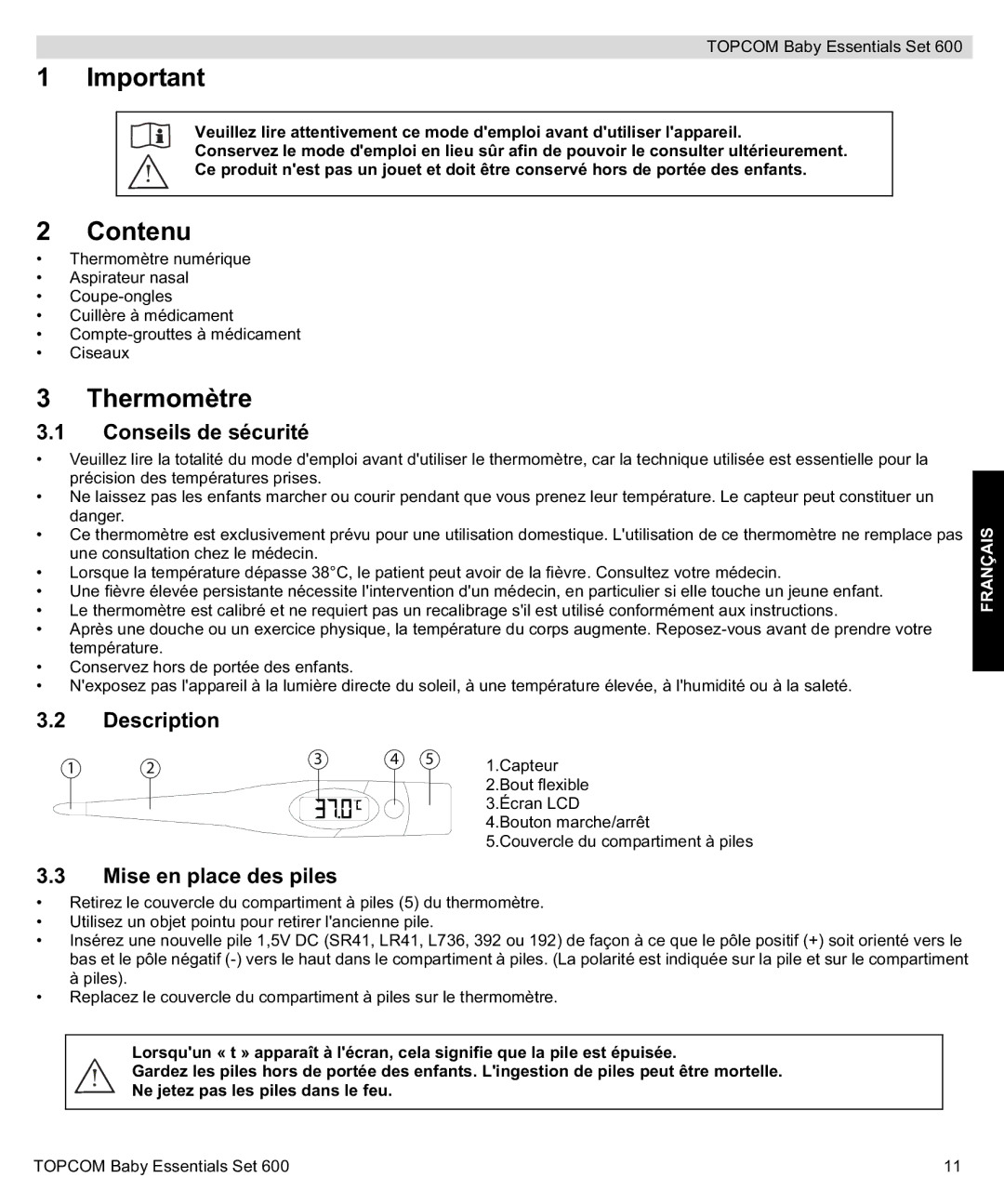 Topcom 600 manual do utilizador Contenu, Thermomètre, Conseils de sécurité, Mise en place des piles 