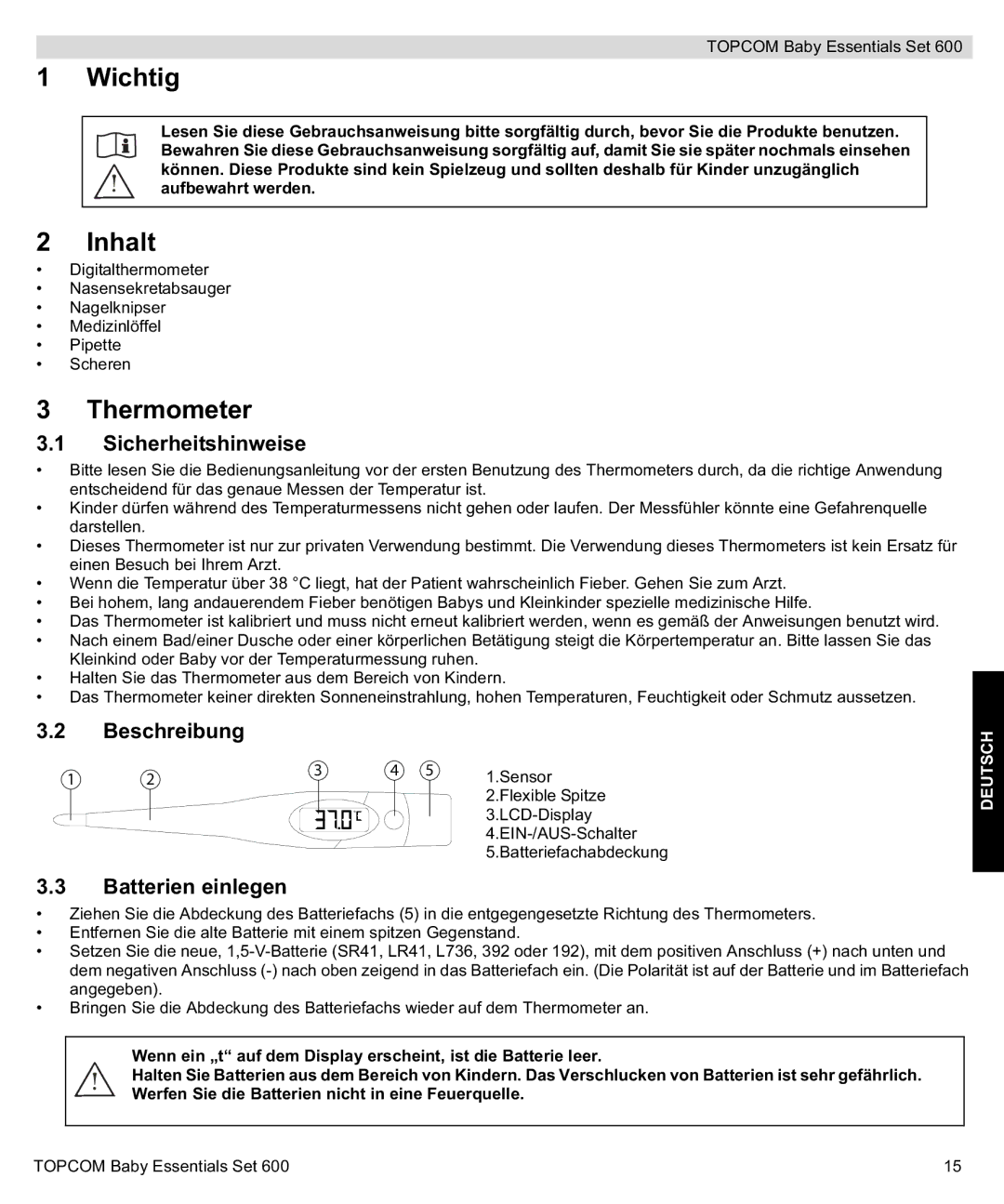 Topcom 600 manual do utilizador Wichtig, Inhalt, Sicherheitshinweise, Beschreibung, Batterien einlegen 