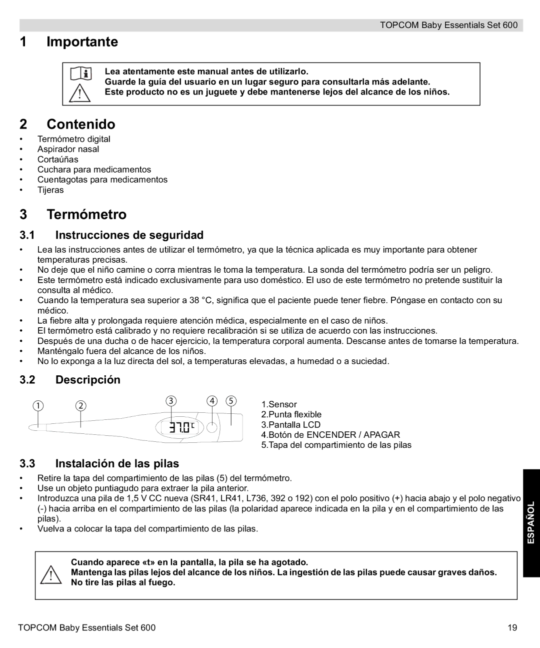 Topcom 600 manual do utilizador Importante, Contenido, Termómetro 