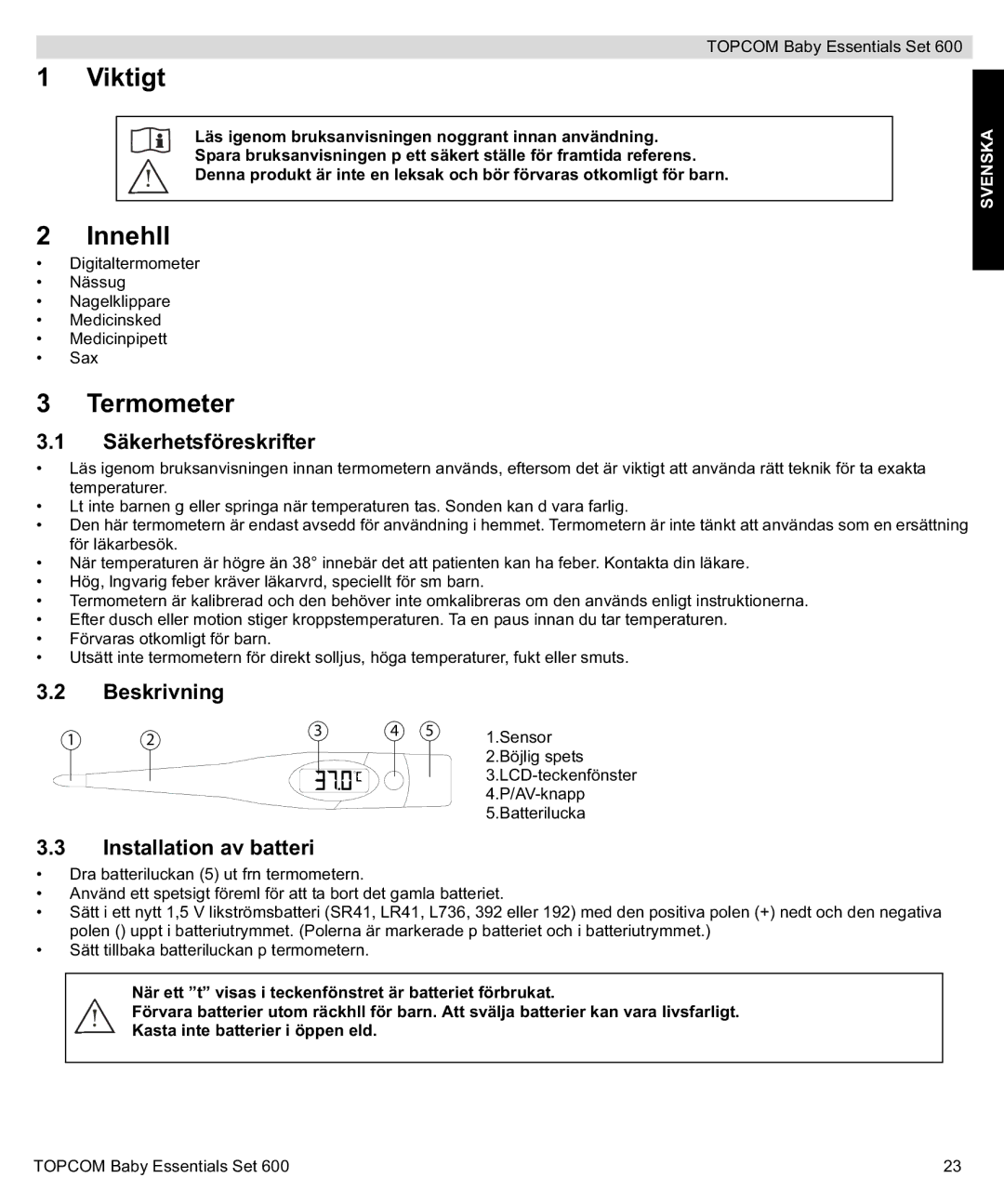Topcom 600 manual do utilizador Viktigt, Innehll, Termometer 