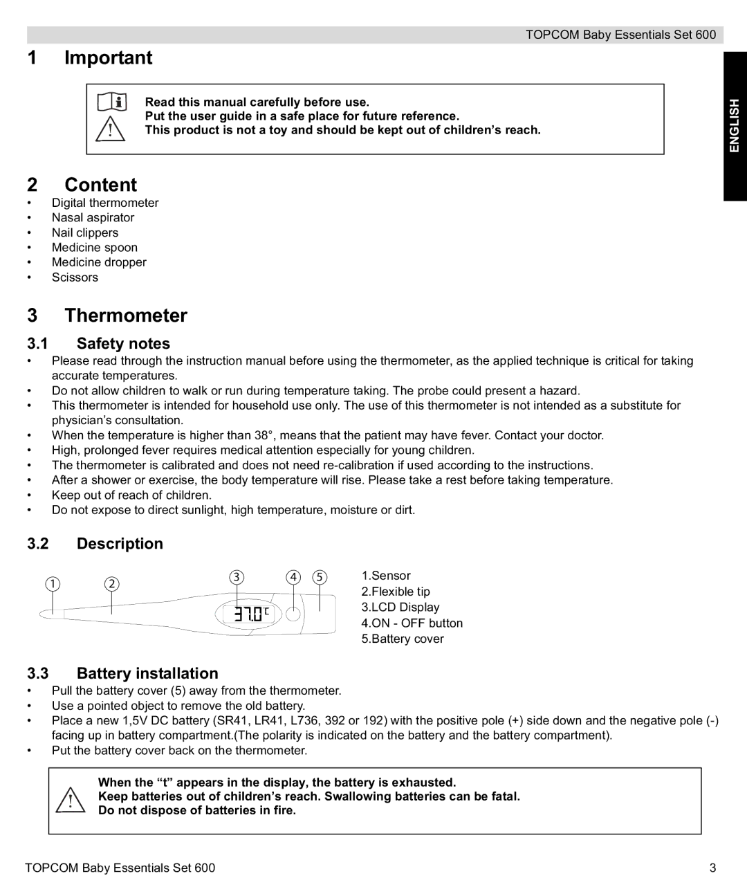 Topcom 600 manual do utilizador Content, Thermometer, Safety notes, Description, Battery installation 