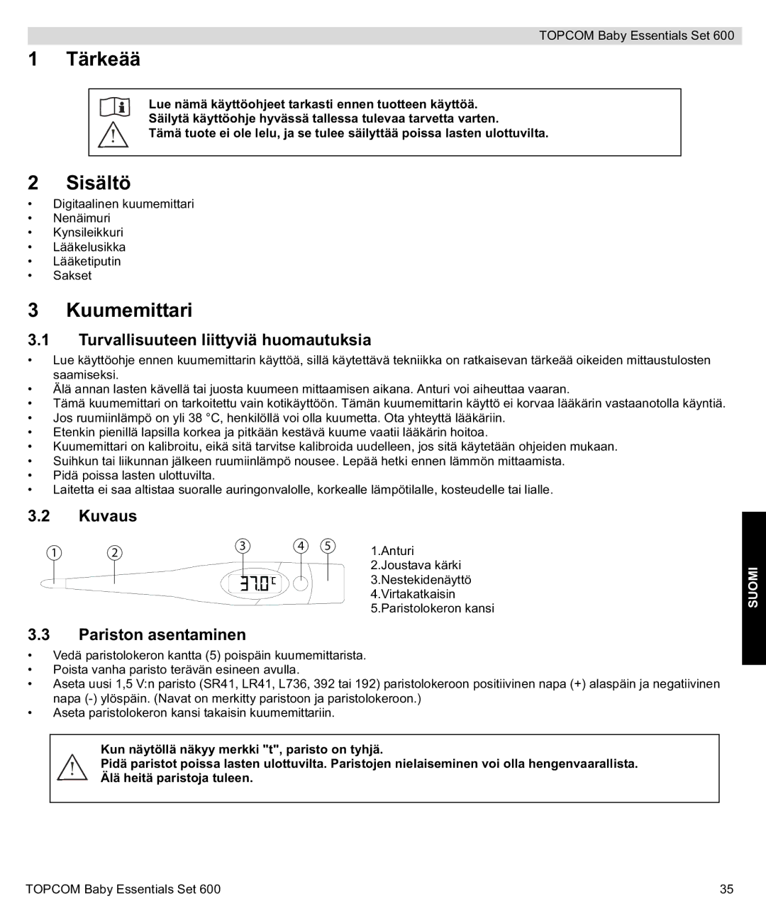 Topcom 600 manual do utilizador Tärkeää, Sisältö, Kuumemittari 