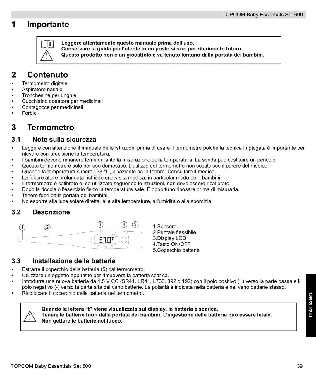 Topcom 600 manual do utilizador Contenuto, Termometro, Descrizione, Installazione delle batterie 