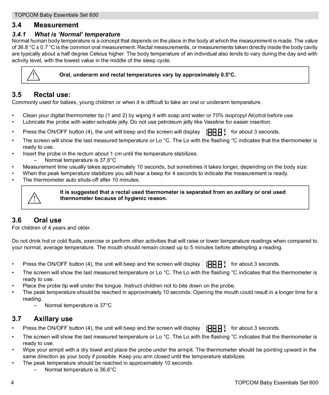 Topcom 600 manual do utilizador Measurement, Rectal use, Oral use, Axillary use, What is ‘Normal’ temperature 