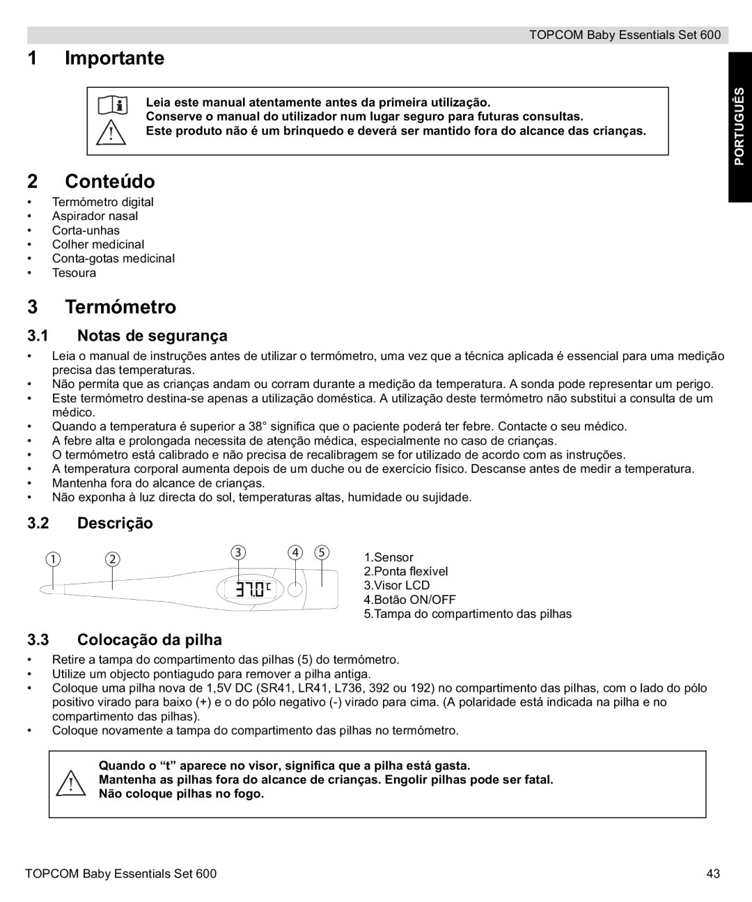 Topcom 600 manual do utilizador Conteúdo, Notas de segurança, Descrição, Colocação da pilha 