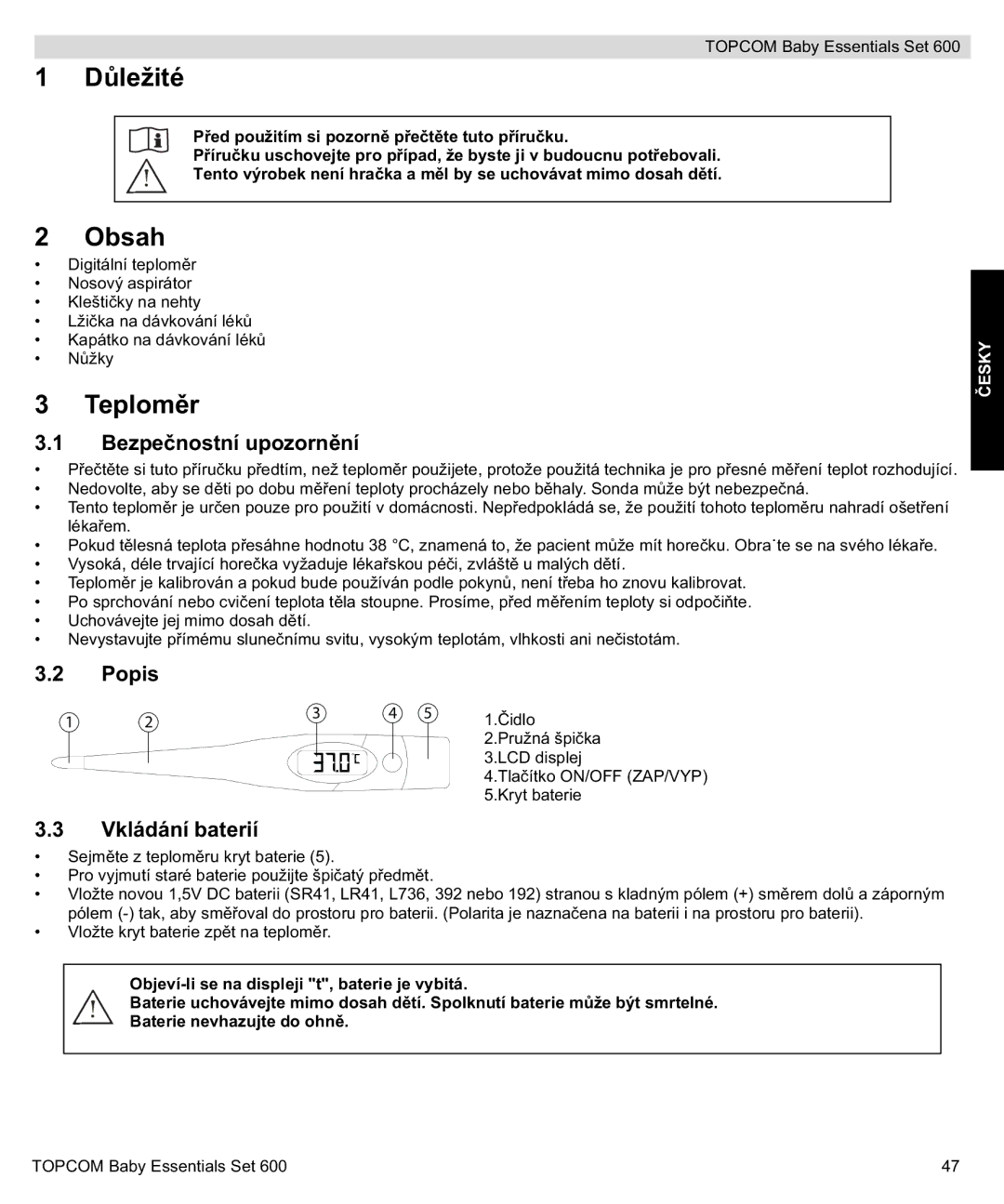 Topcom 600 manual do utilizador Dležité, Obsah, Teplom 