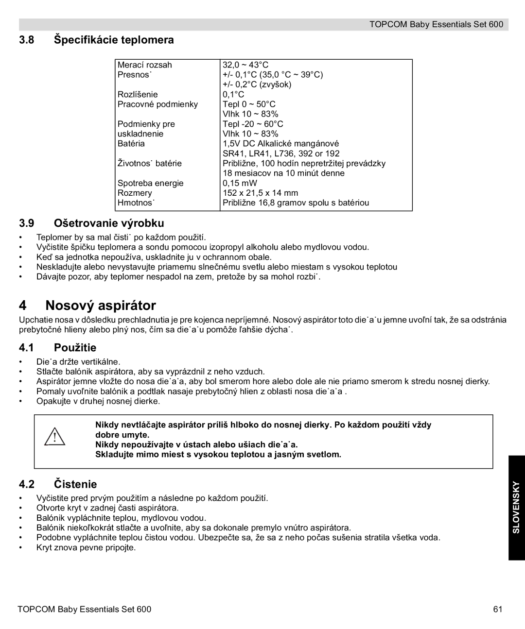 Topcom 600 manual do utilizador Špecifikácie teplomera, Ošetrovanie výrobku, Použitie, Stenie 