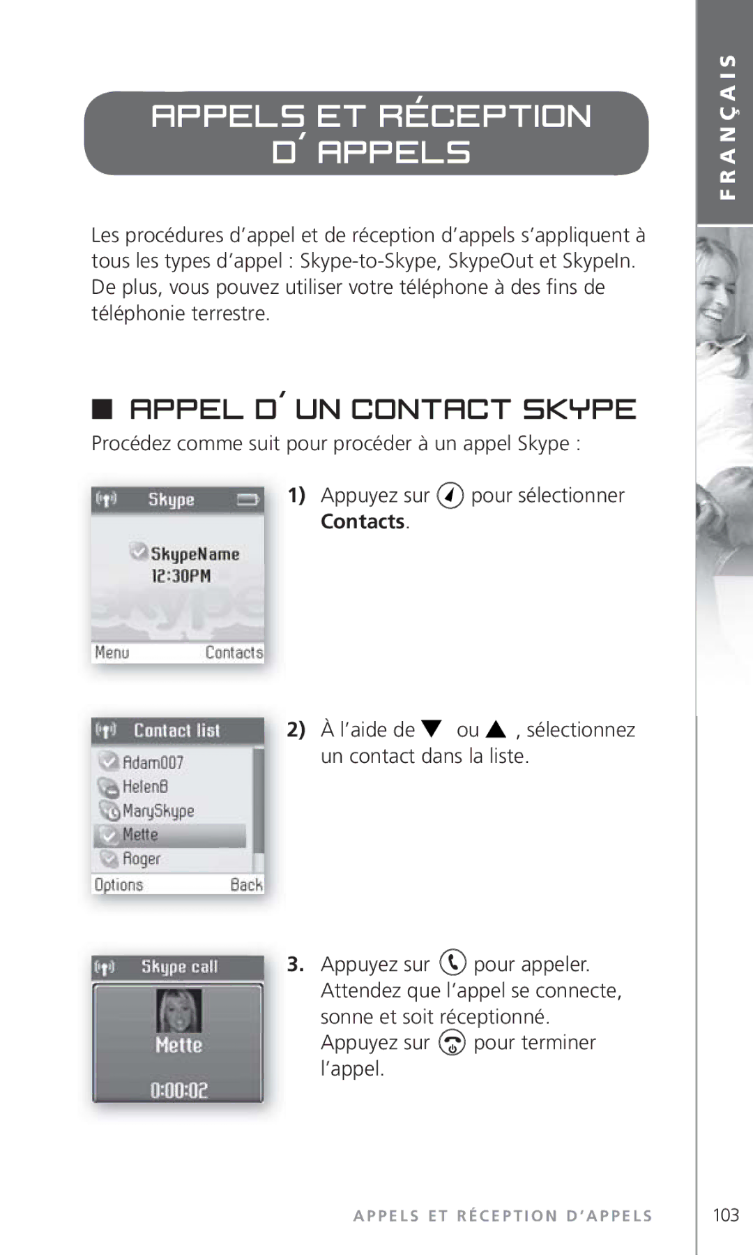 Topcom 6000 manual Appels et réception ´’appels, Appel d´’un contact Skype 