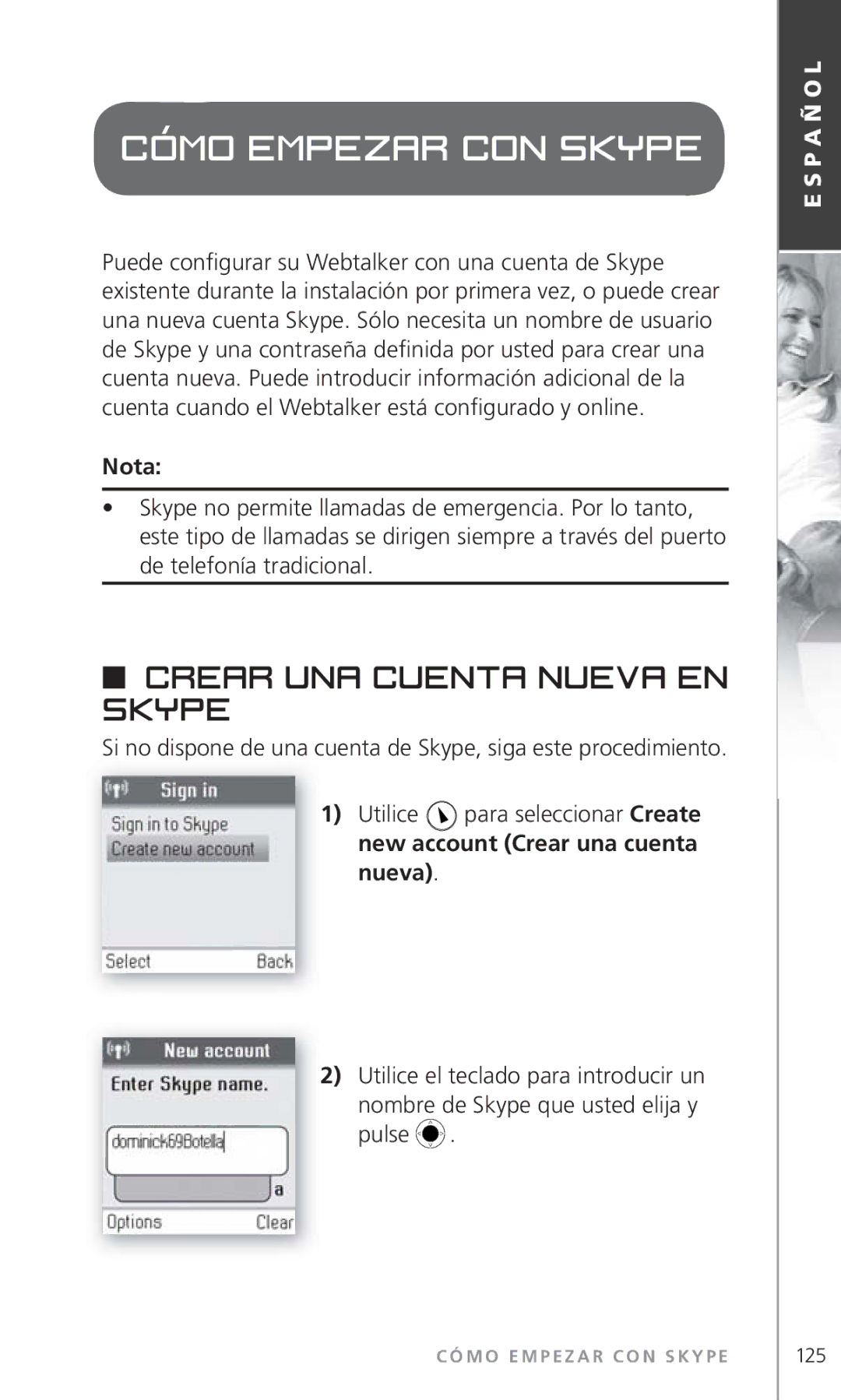 Topcom 6000 manual Cómo empezar con Skype, Crear una cuenta nueva en Skype, Nota 