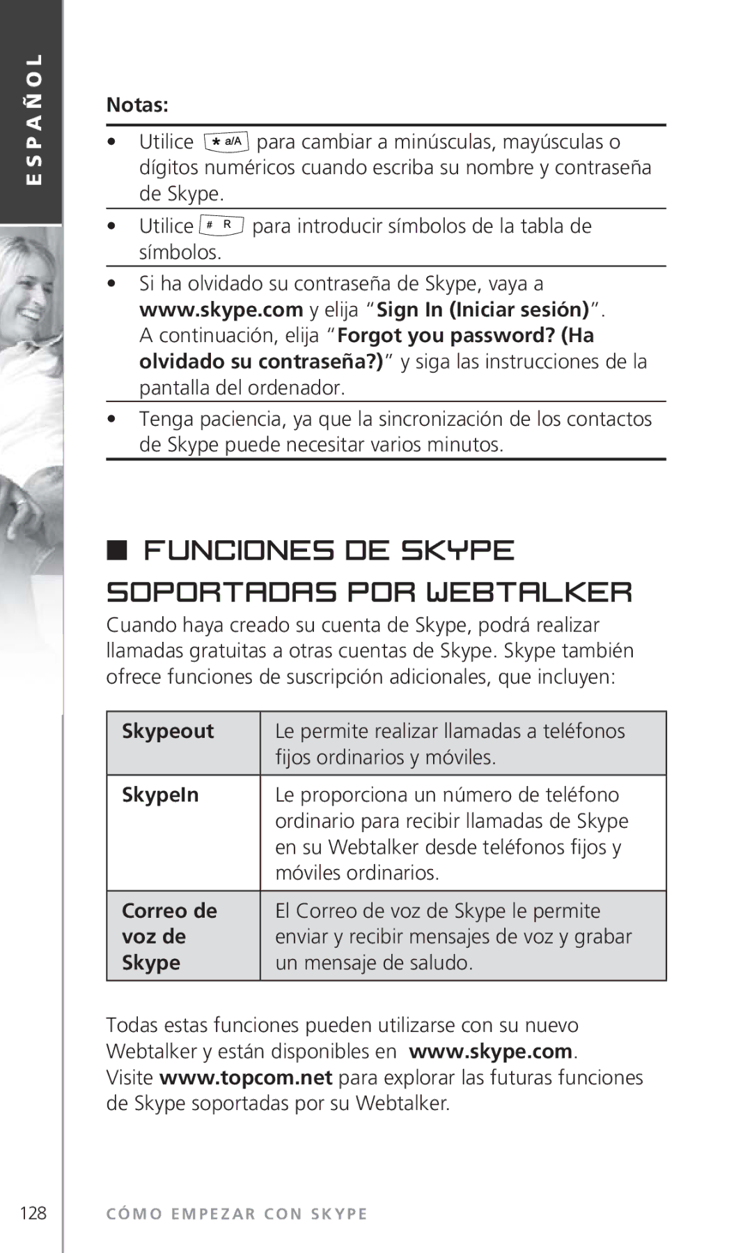 Topcom 6000 manual Funciones de Skype Soportadas por Webtalker, Correo de, Voz de 