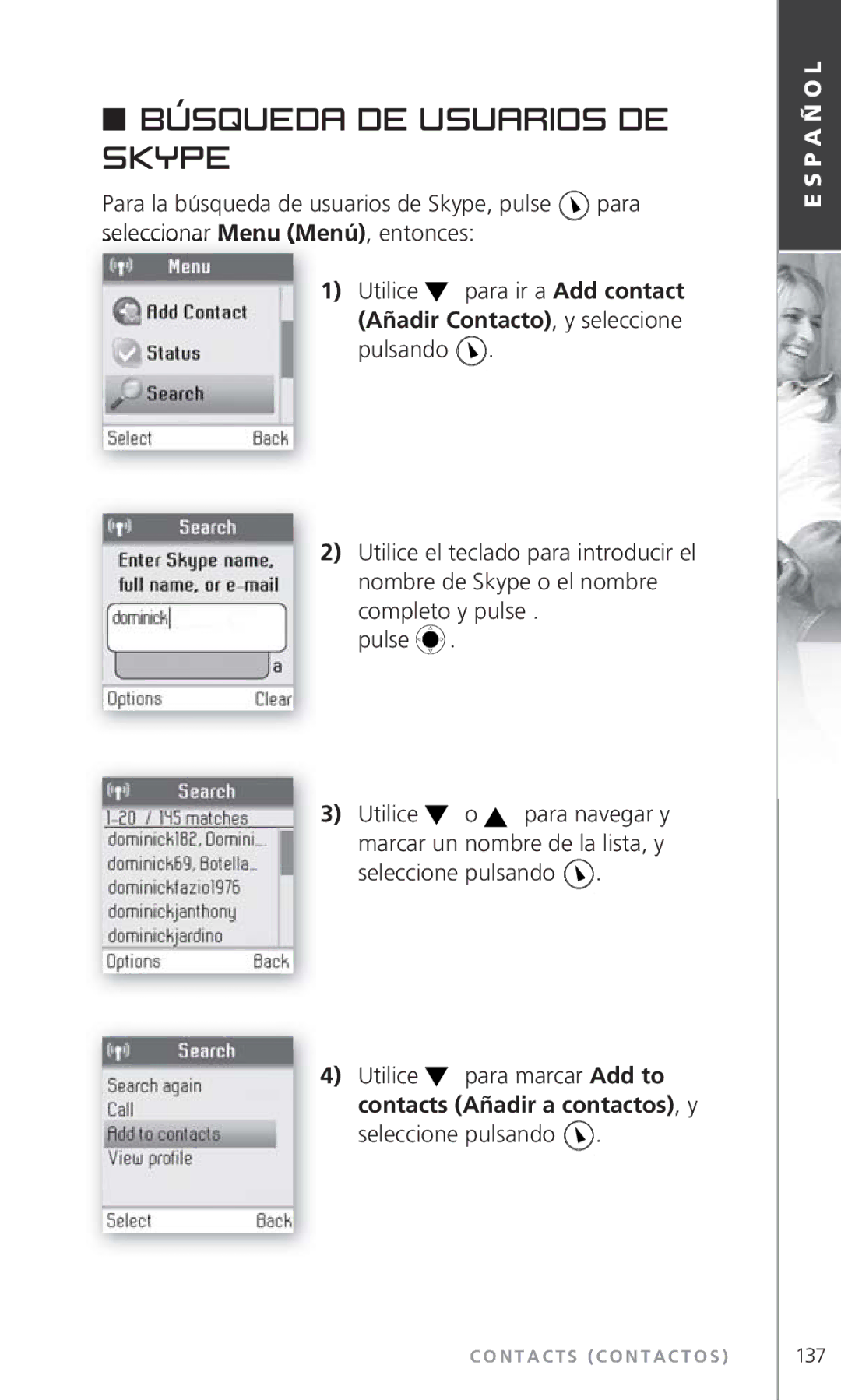 Topcom 6000 manual Búsqueda de usuarios de Skype, Seleccione pulsando Utilice 