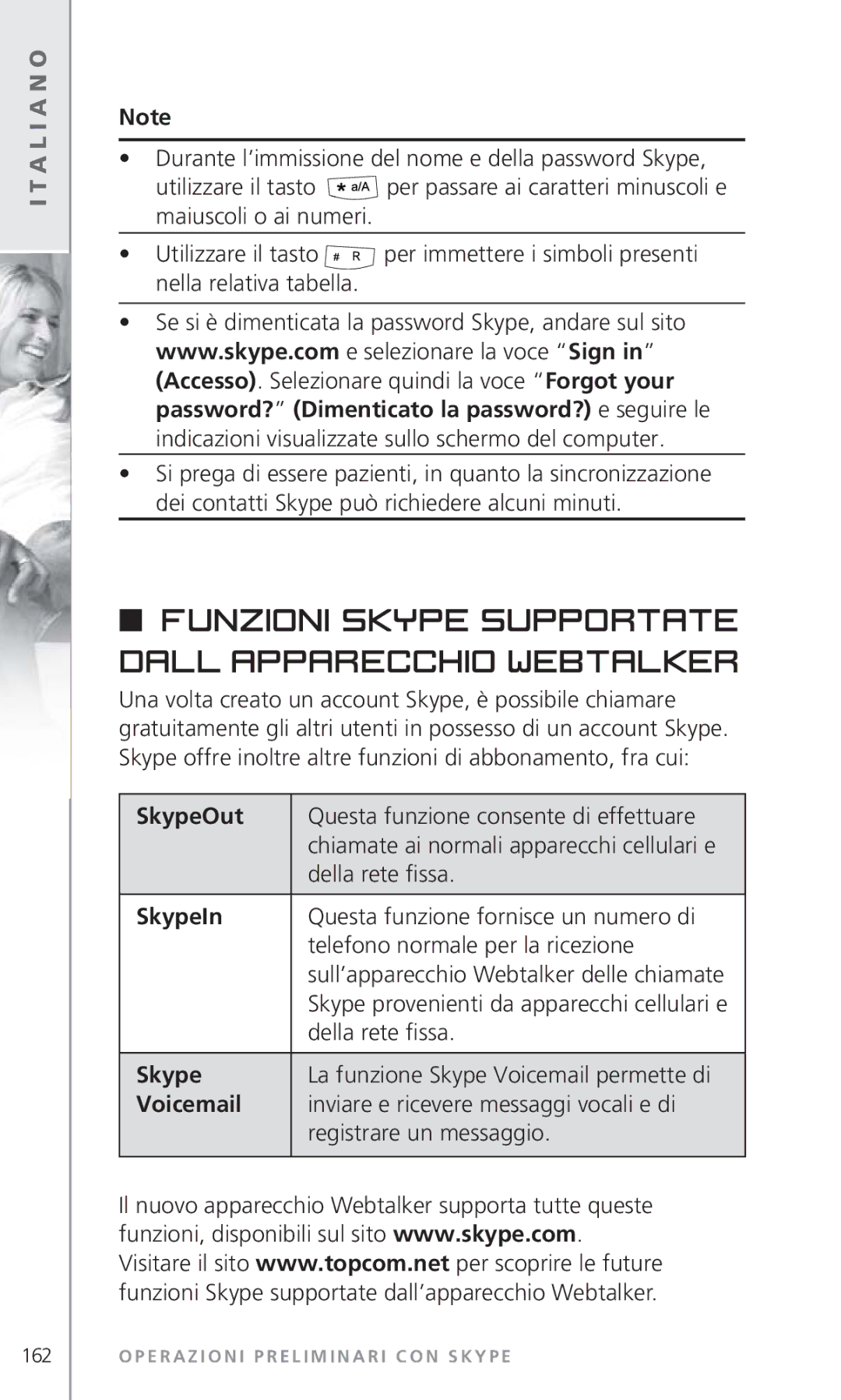 Topcom 6000 manual Funzioni Skype supportate dall’apparecchio Webtalker 