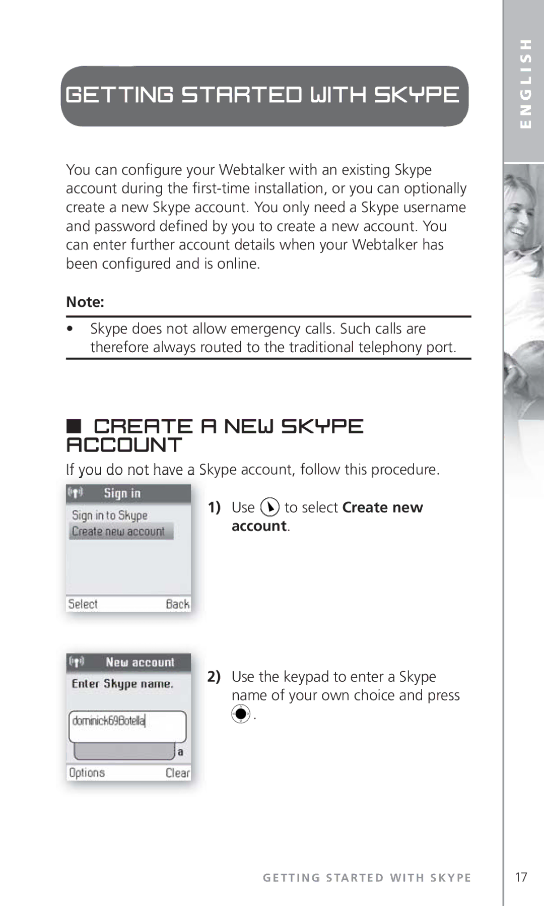 Topcom 6000 manual Getting started with Skype, Create a new Skype account 