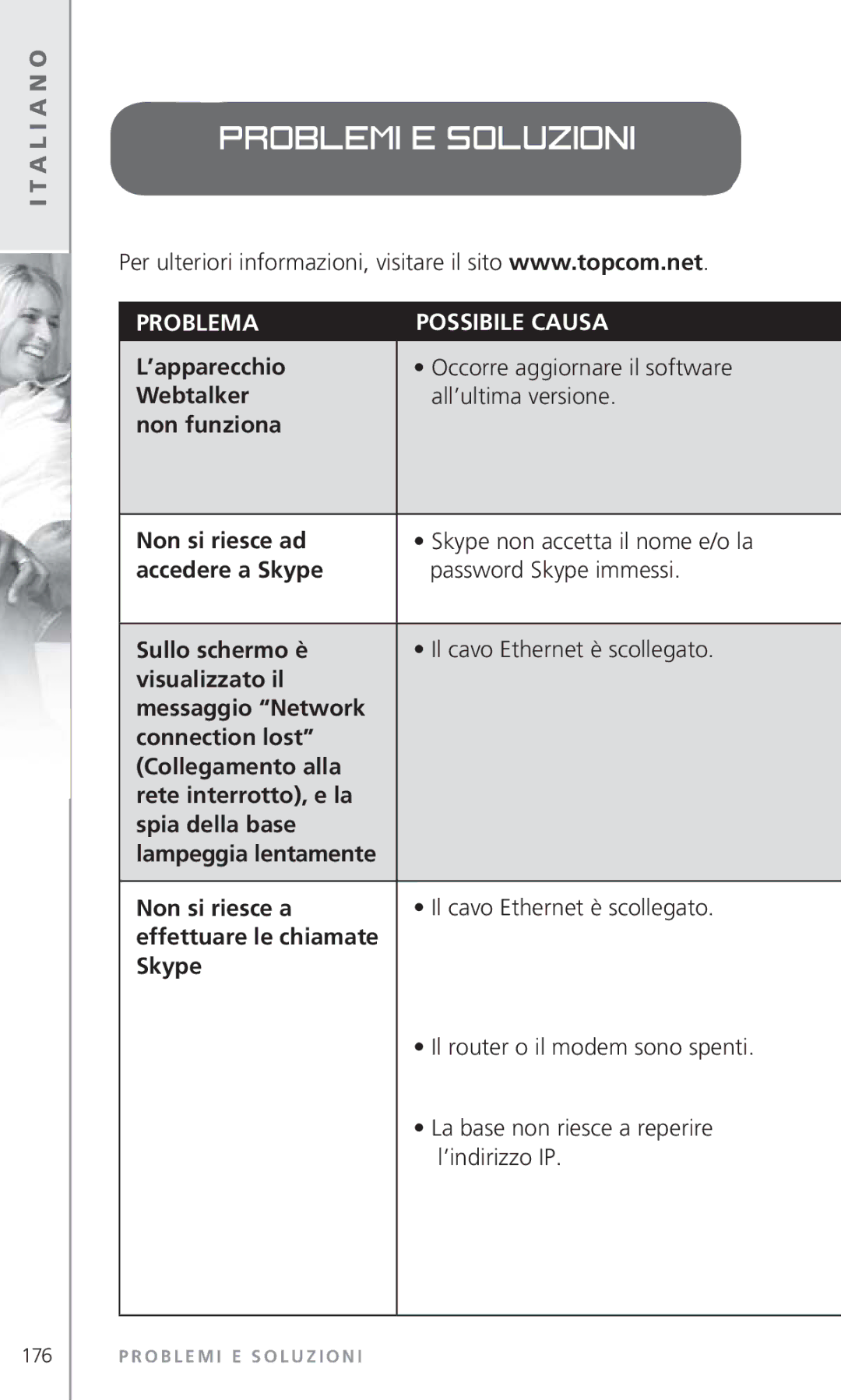 Topcom 6000 manual Problema Possibile Causa, Non si riesce a Il cavo Ethernet è scollegato 