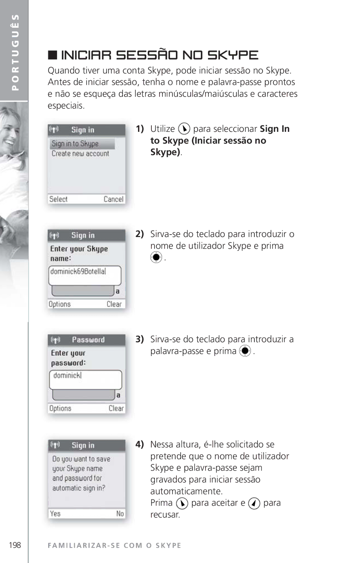 Topcom 6000 manual Iniciar sessão no Skype 