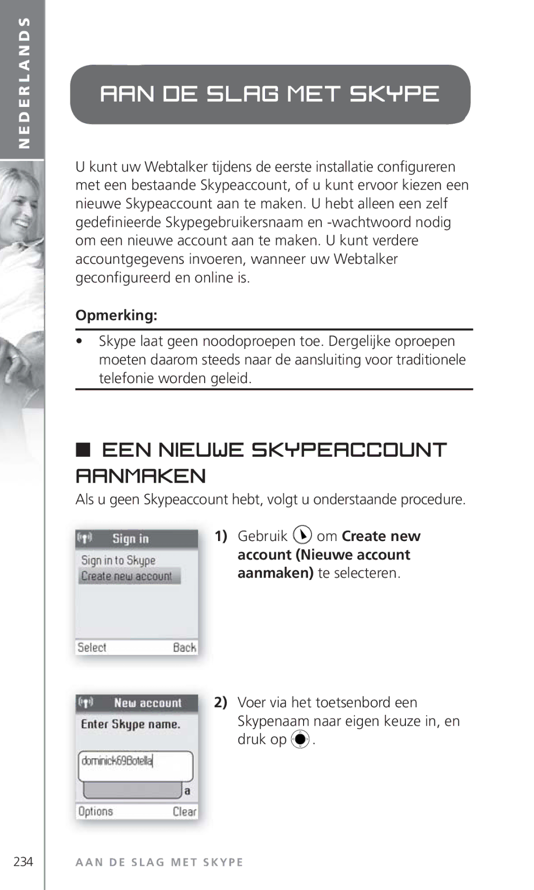 Topcom 6000 manual Aan de slag met Skype, Een nieuwe Skypeaccount aanmaken, Opmerking 