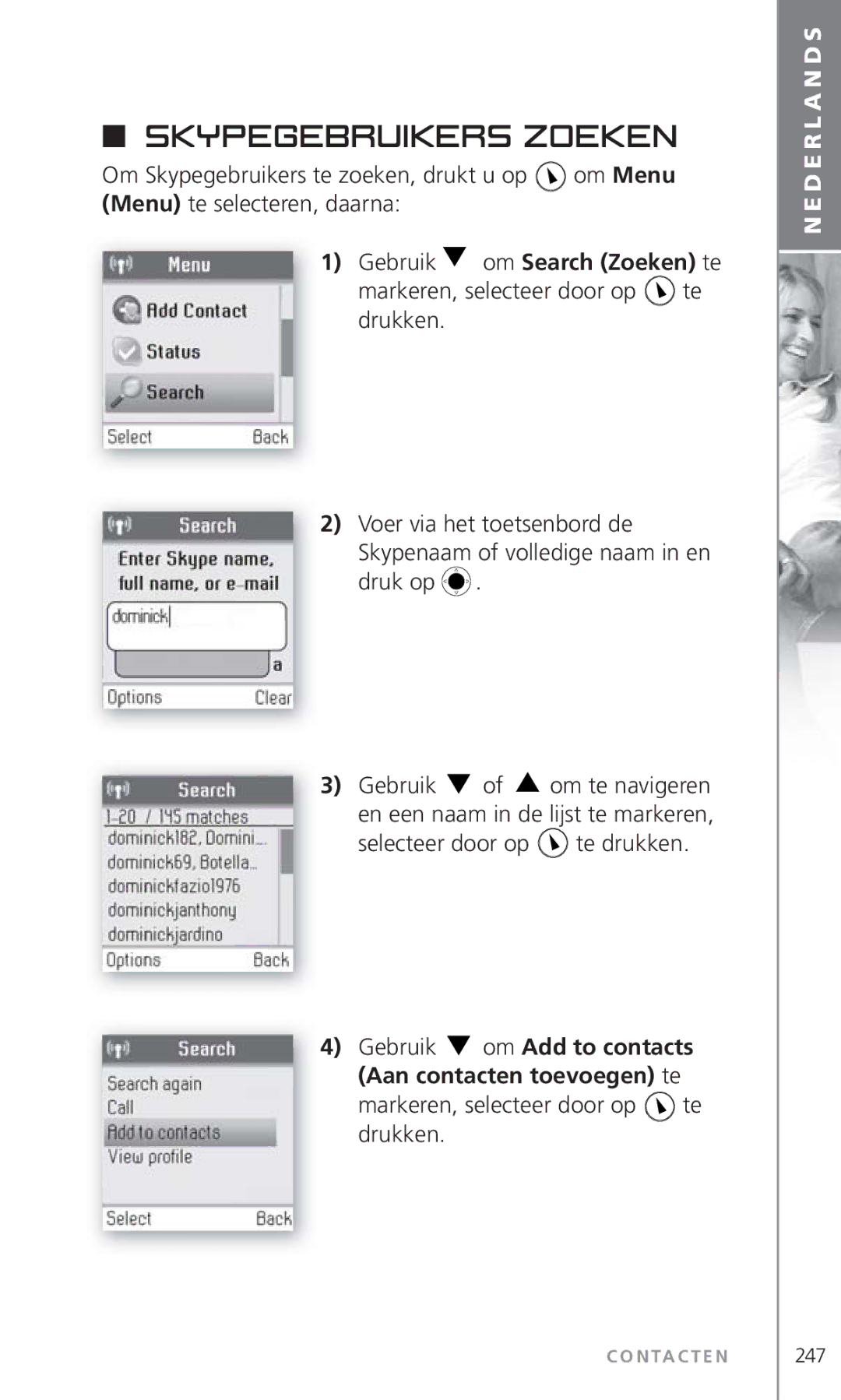 Topcom 6000 manual Skypegebruikers zoeken, Markeren, selecteer door op te drukken 