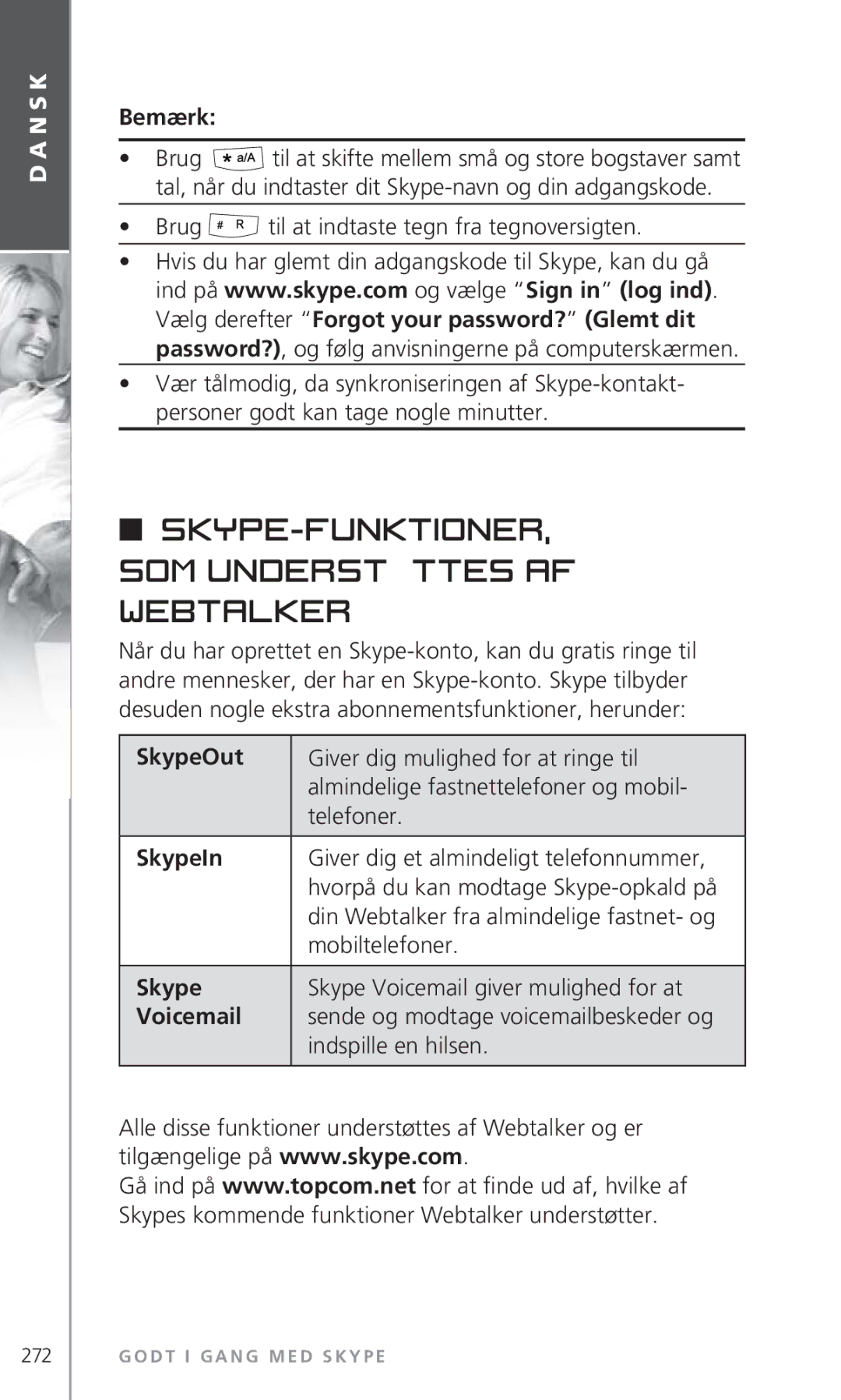 Topcom 6000 manual Skype-funktioner, som understøttes af Webtalker 