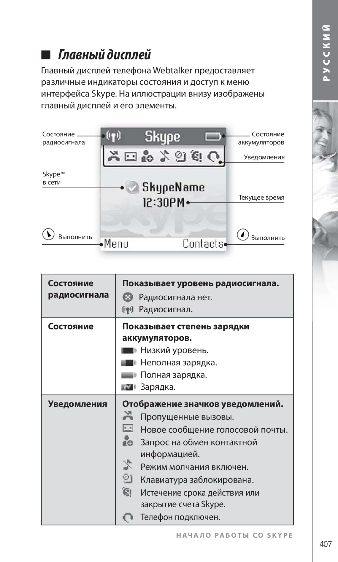 Topcom 6000 manual Состояние, Низкий уровень Неполная зарядка, Уведомления Отображение значков уведомлений 