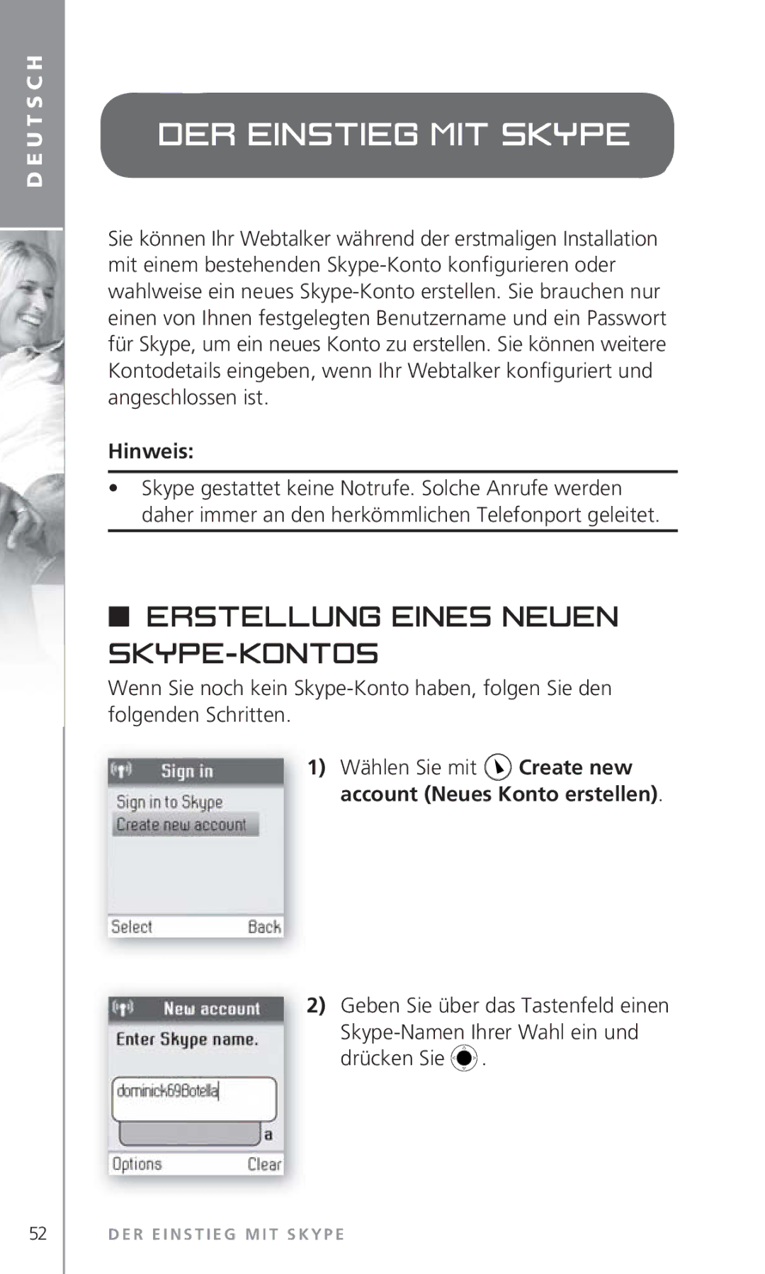 Topcom 6000 manual Der Einstieg mit Skype, Erstellung eines neuen Skype-Kontos, Hinweis 