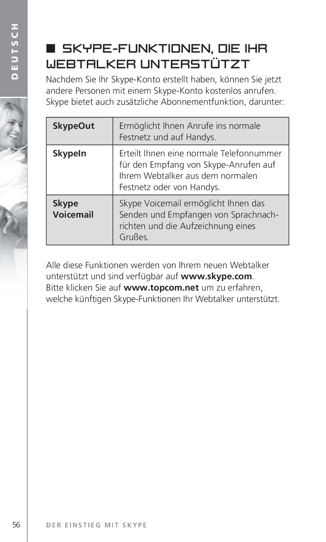 Topcom 6000 manual Skype-Funktionen, die Ihr Webtalker unterstützt 