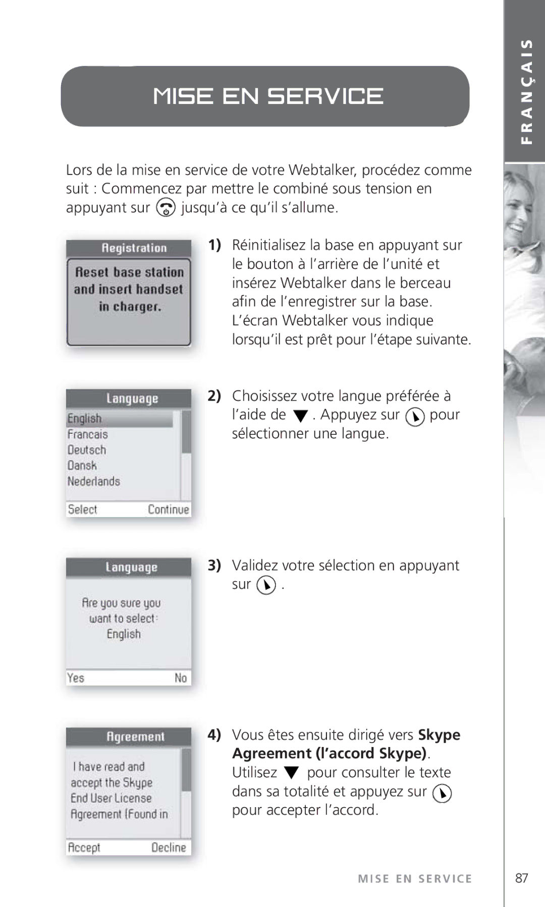 Topcom 6000 manual Mise en service, Appuyant sur jusqu’à ce qu’il s’allume 