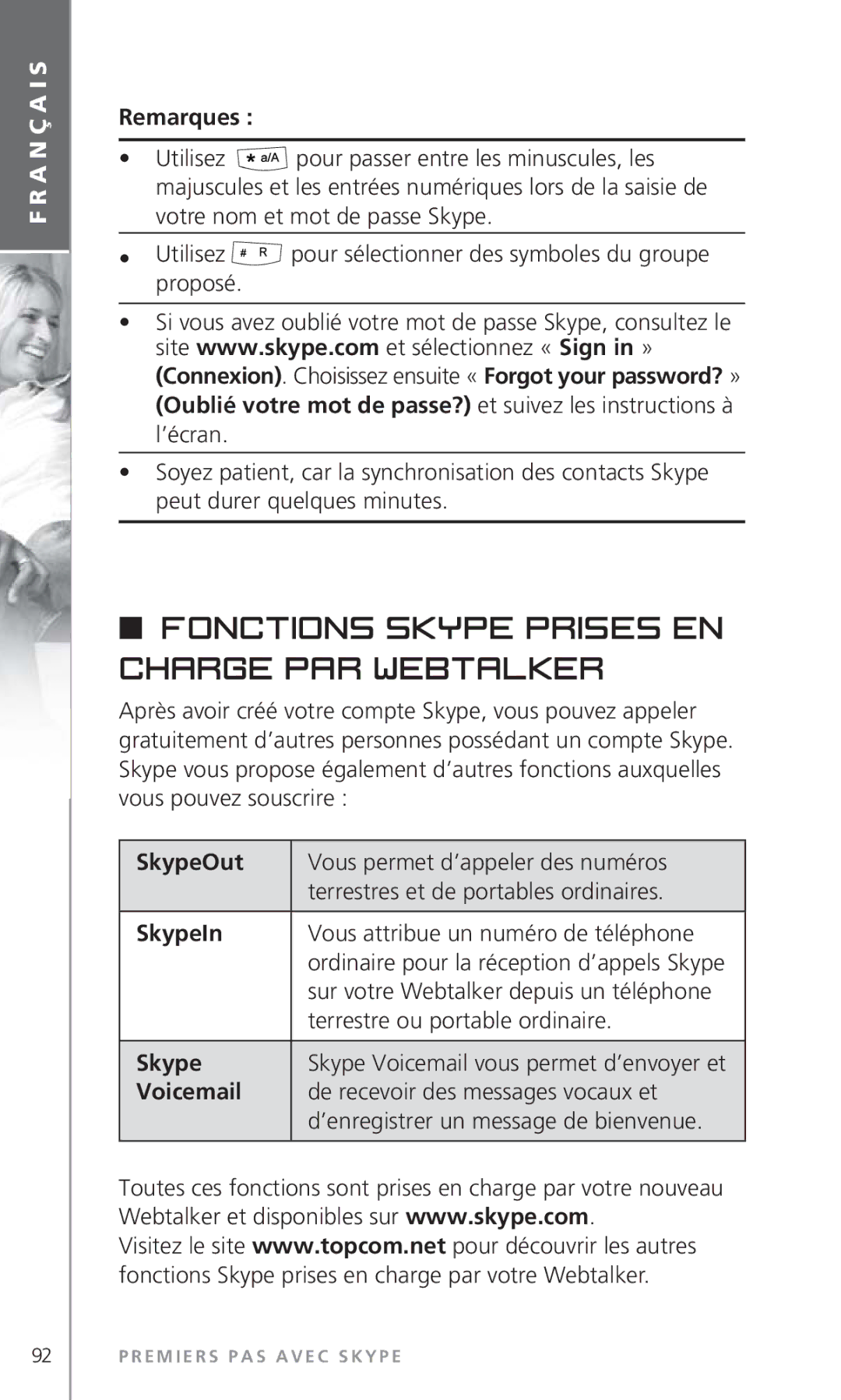 Topcom 6000 manual Fonctions Skype prises en charge par Webtalker 