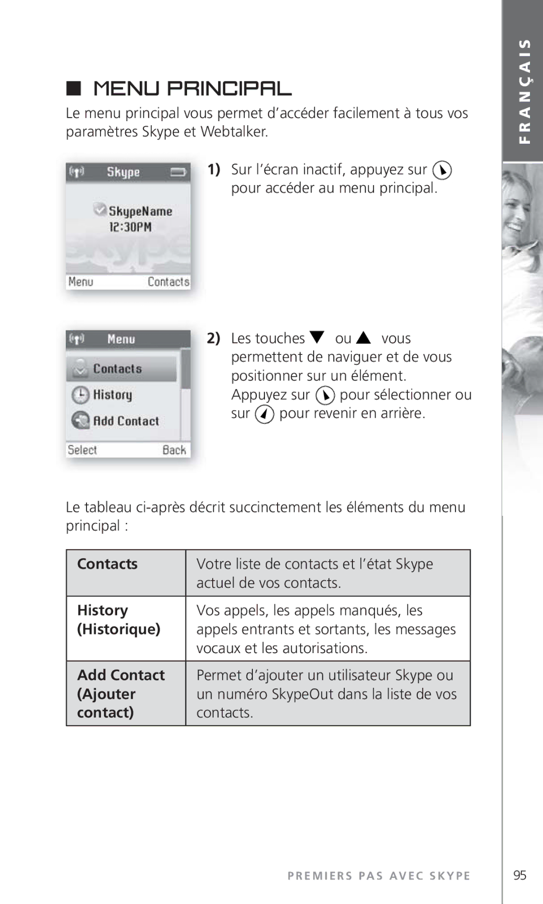 Topcom 6000 manual Menu principal, Vocaux et les autorisations, Contact Contacts 