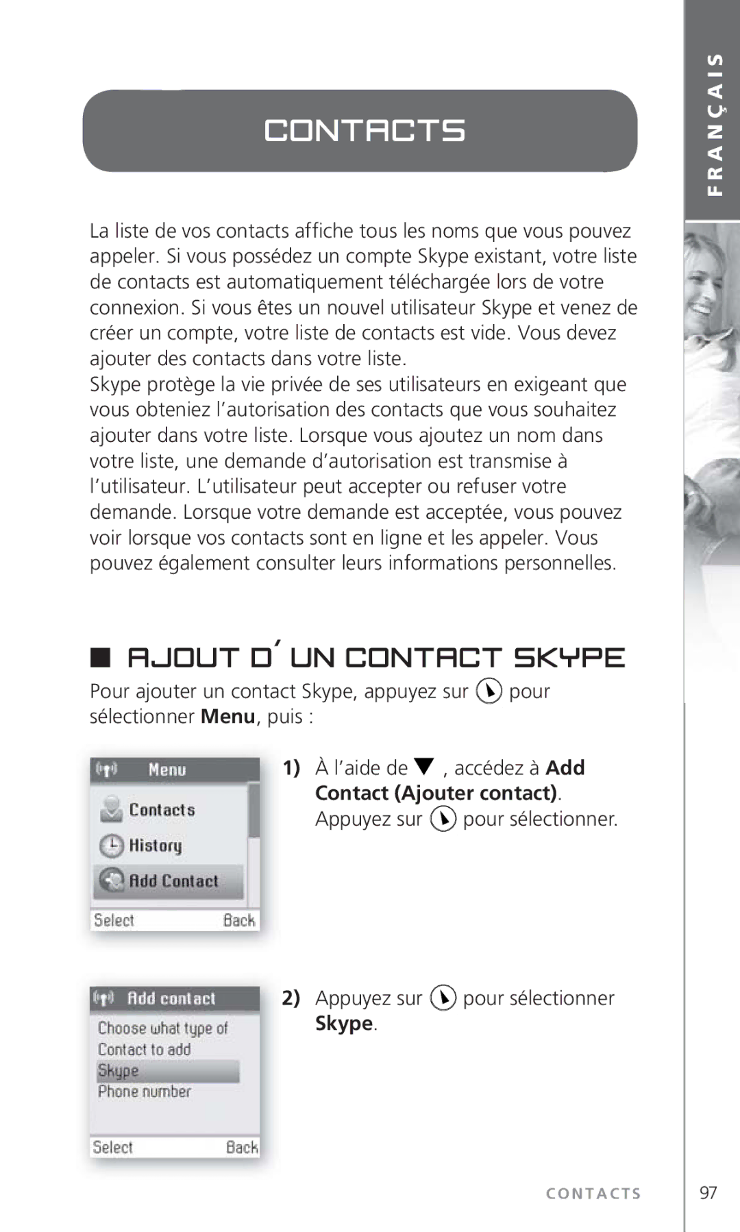 Topcom 6000 manual Contacts, Ajout d´’un contact Skype 