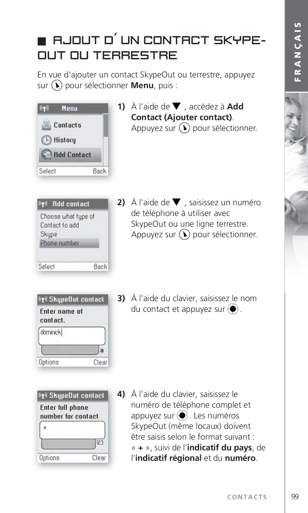 Topcom 6000 manual Ajout d´’un contact Skype- Out ou terrestre 