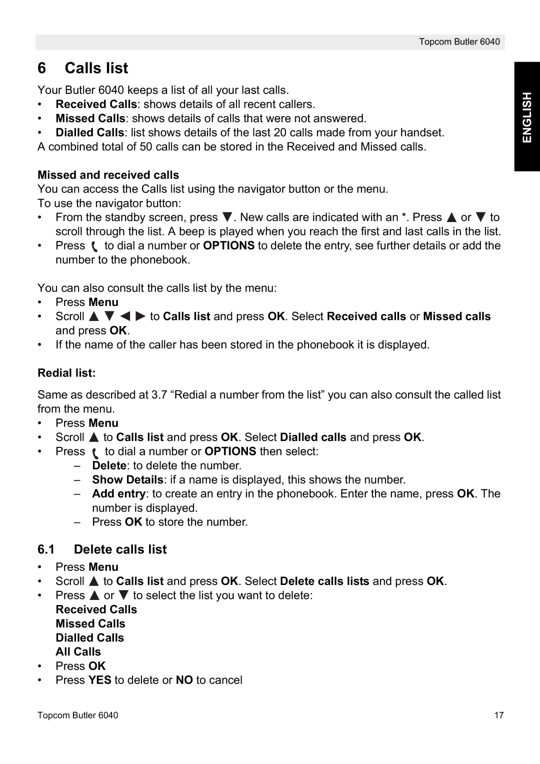 Topcom 6040 manual Calls list, Delete calls list, Missed and received calls, Redial list 