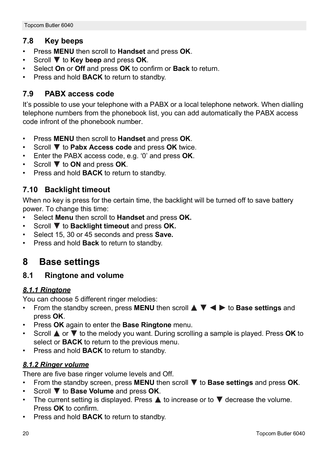 Topcom 6040 manual Base settings, Key beeps, Pabx access code, Backlight timeout 
