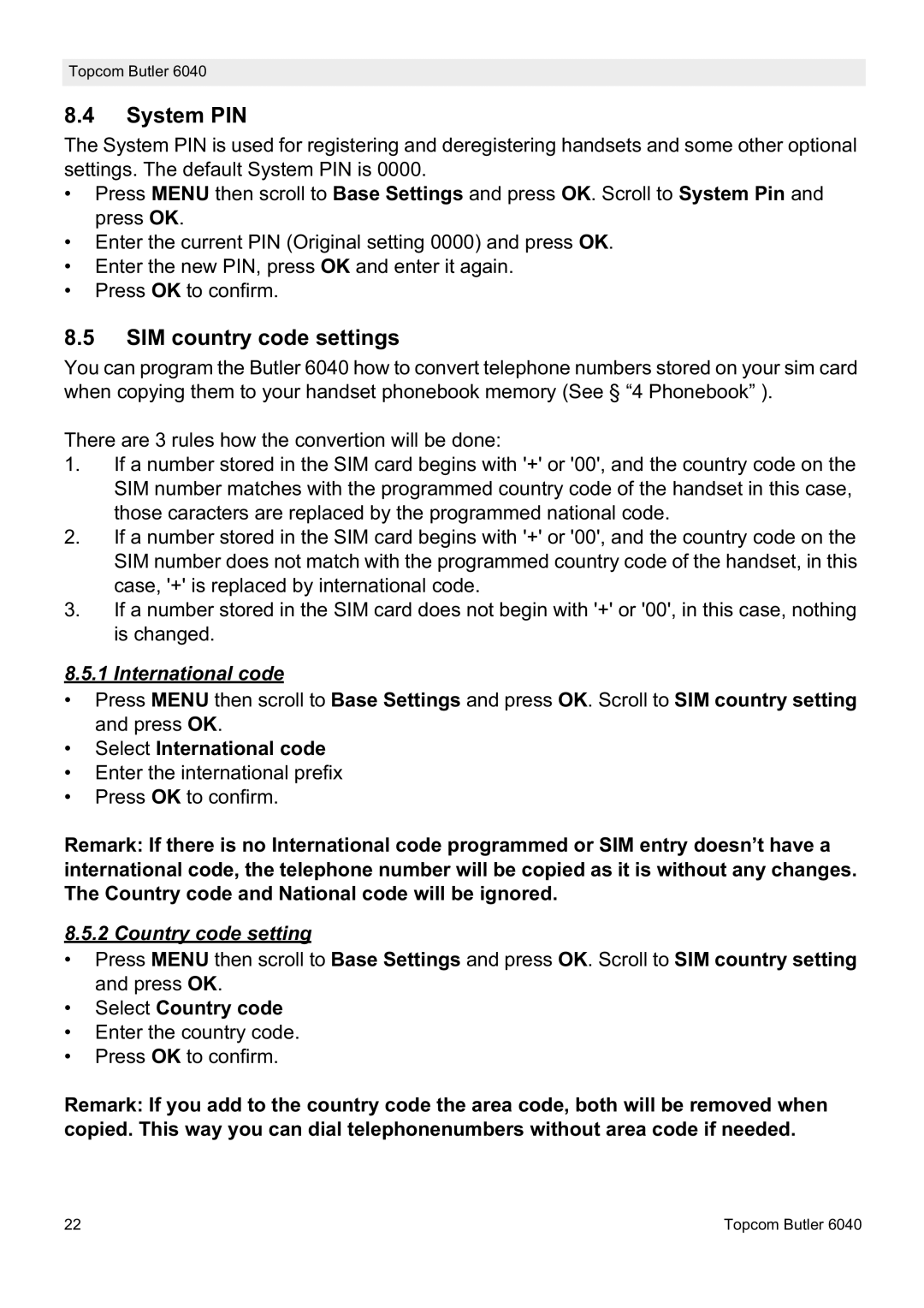 Topcom 6040 manual System PIN, SIM country code settings, International code, Country code setting 