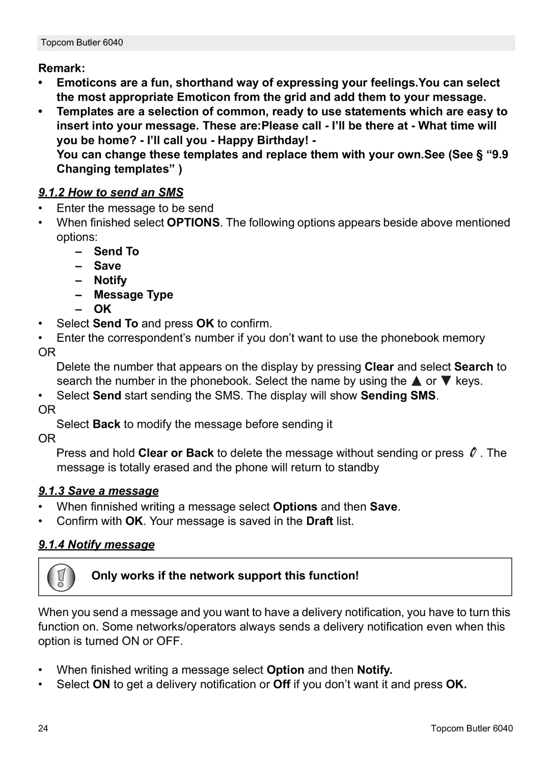 Topcom 6040 manual How to send an SMS, Send To Save Notify Message Type, Save a message, Notify message 