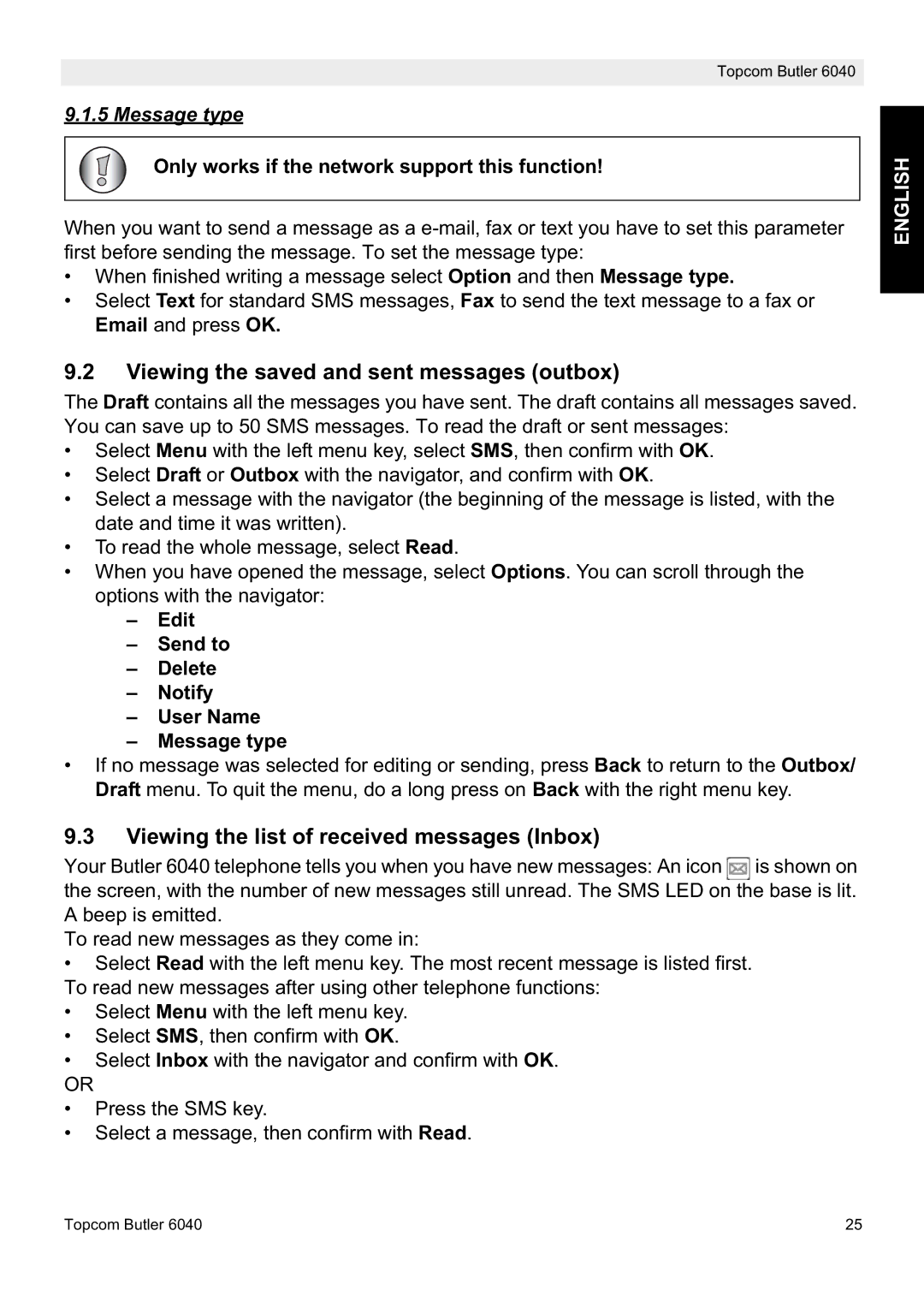 Topcom 6040 manual Viewing the saved and sent messages outbox, Viewing the list of received messages Inbox, Message type 