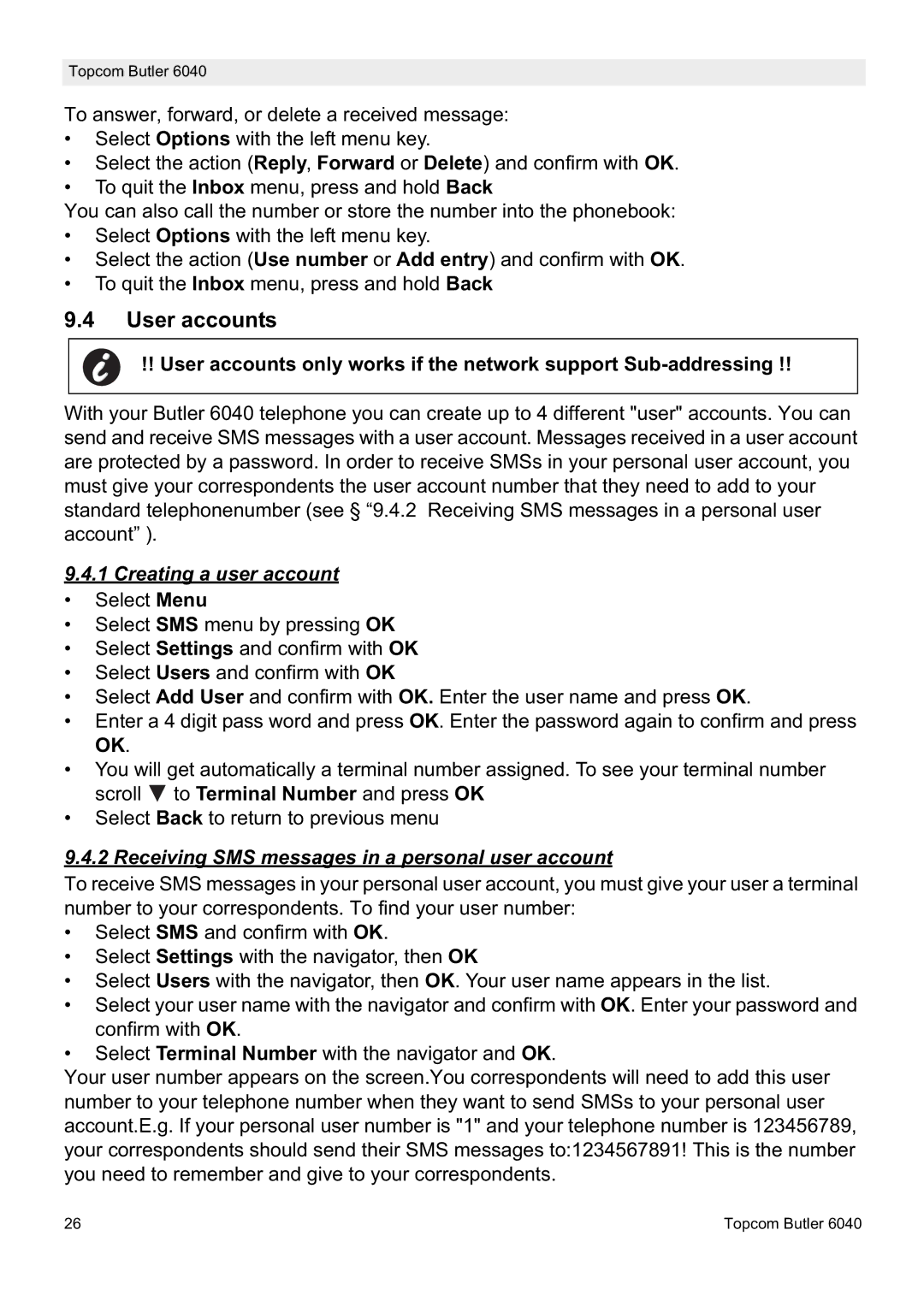 Topcom 6040 manual User accounts, Creating a user account, Receiving SMS messages in a personal user account 