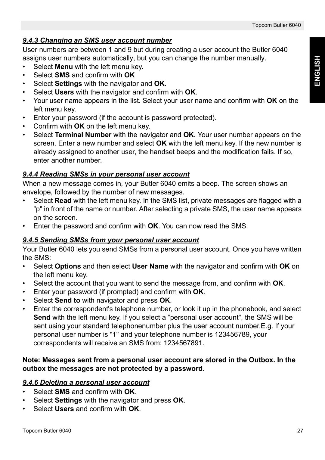 Topcom 6040 manual Changing an SMS user account number, Reading SMSs in your personal user account 