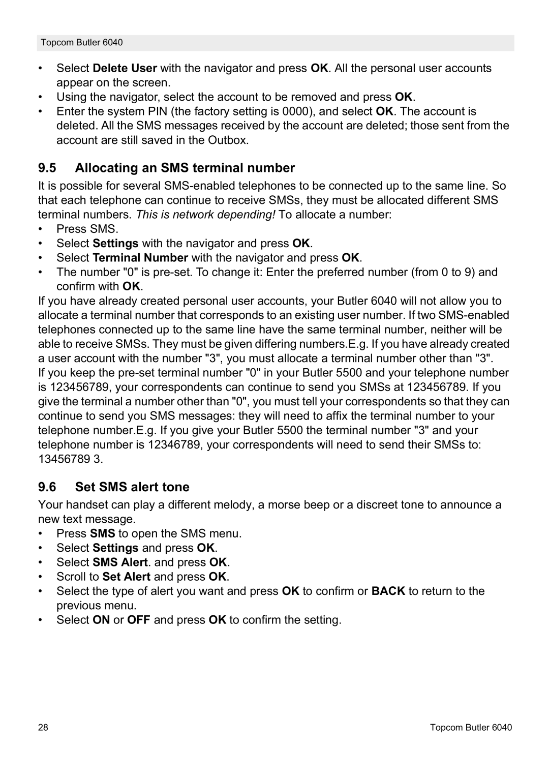 Topcom 6040 manual Allocating an SMS terminal number, Set SMS alert tone 