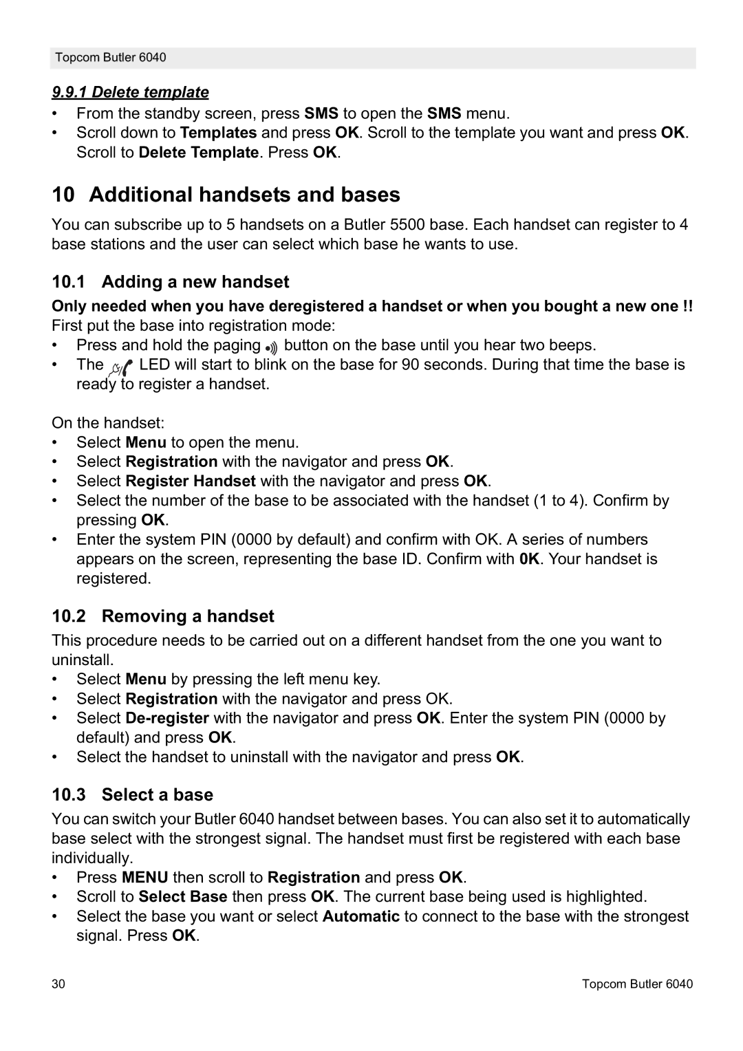 Topcom 6040 manual Additional handsets and bases, Adding a new handset, Removing a handset, Select a base, Delete template 