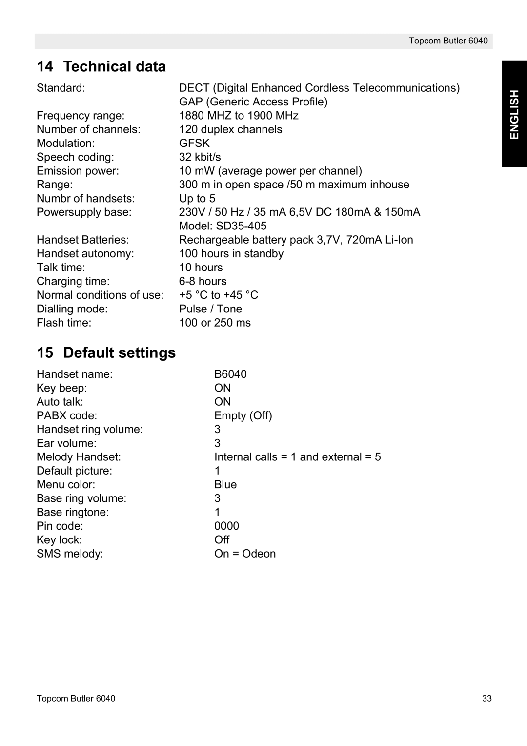 Topcom 6040 manual Technical data, Default settings 