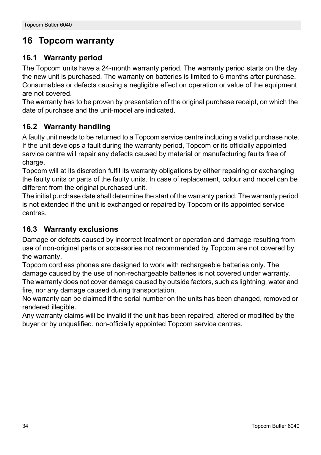 Topcom 6040 manual Topcom warranty, Warranty period, Warranty handling, Warranty exclusions 