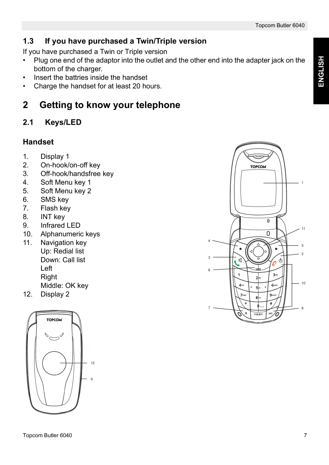 Topcom 6040 manual Getting to know your telephone, If you have purchased a Twin/Triple version, Keys/LED Handset 