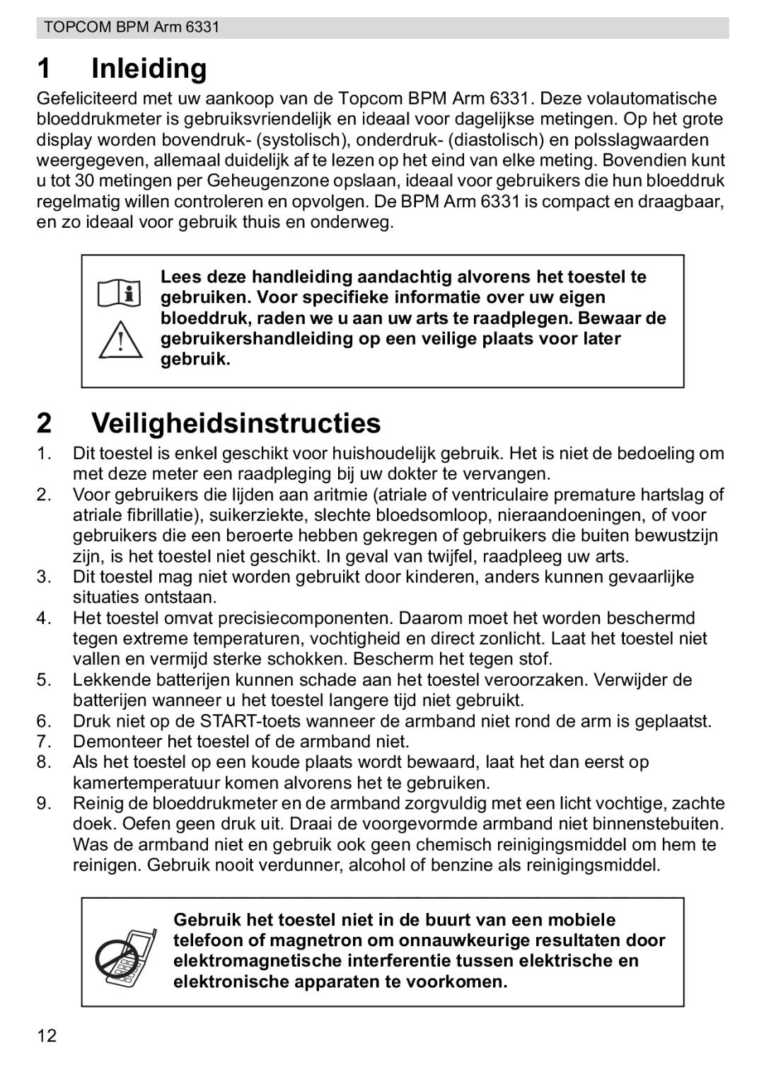 Topcom 6331 manual Inleiding, Veiligheidsinstructies 