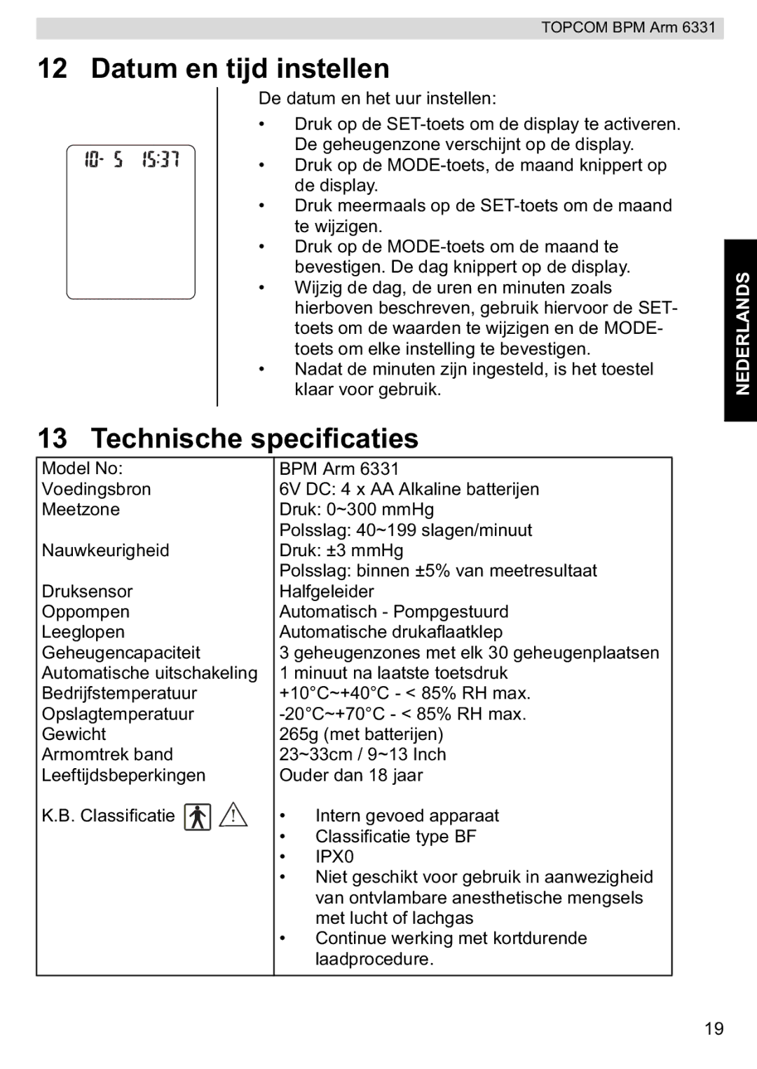 Topcom 6331 manual Datum en tijd instellen, Technische specificaties 