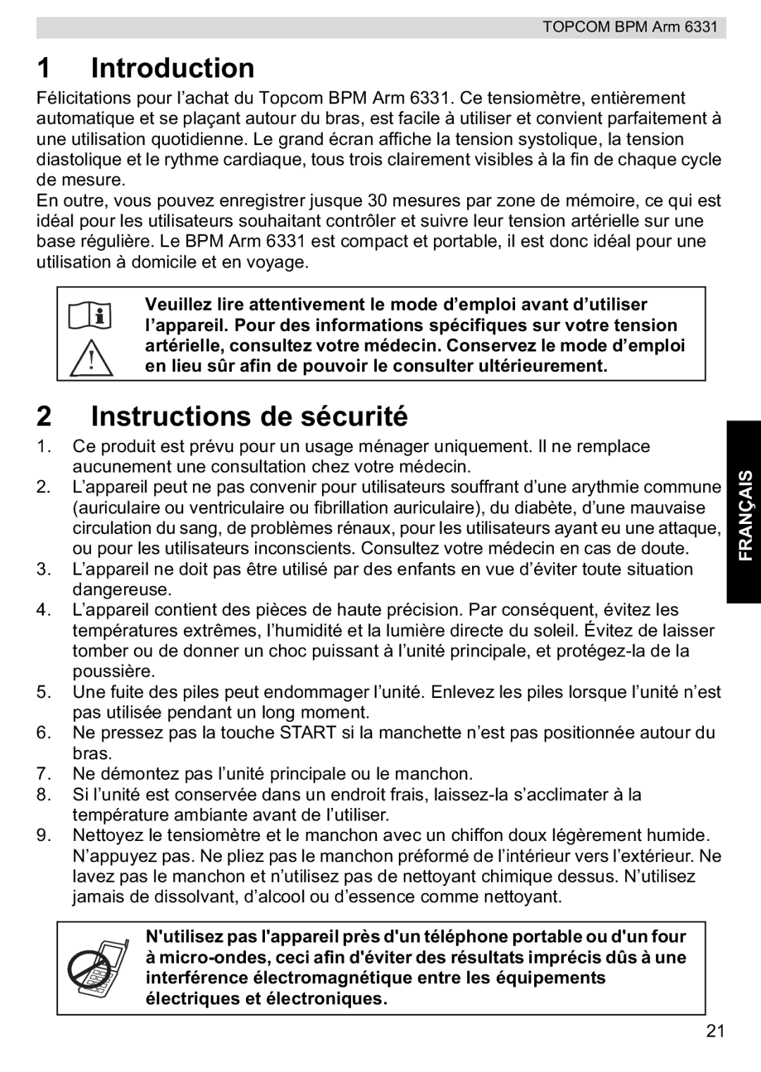 Topcom 6331 manual Introduction, Instructions de sécurité 