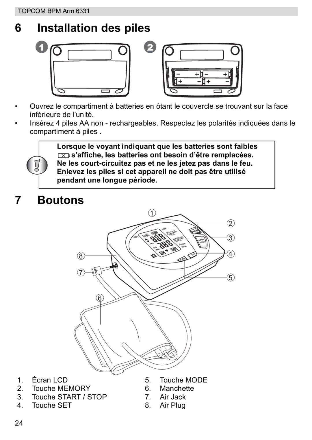 Topcom 6331 manual Installation des piles, Boutons 