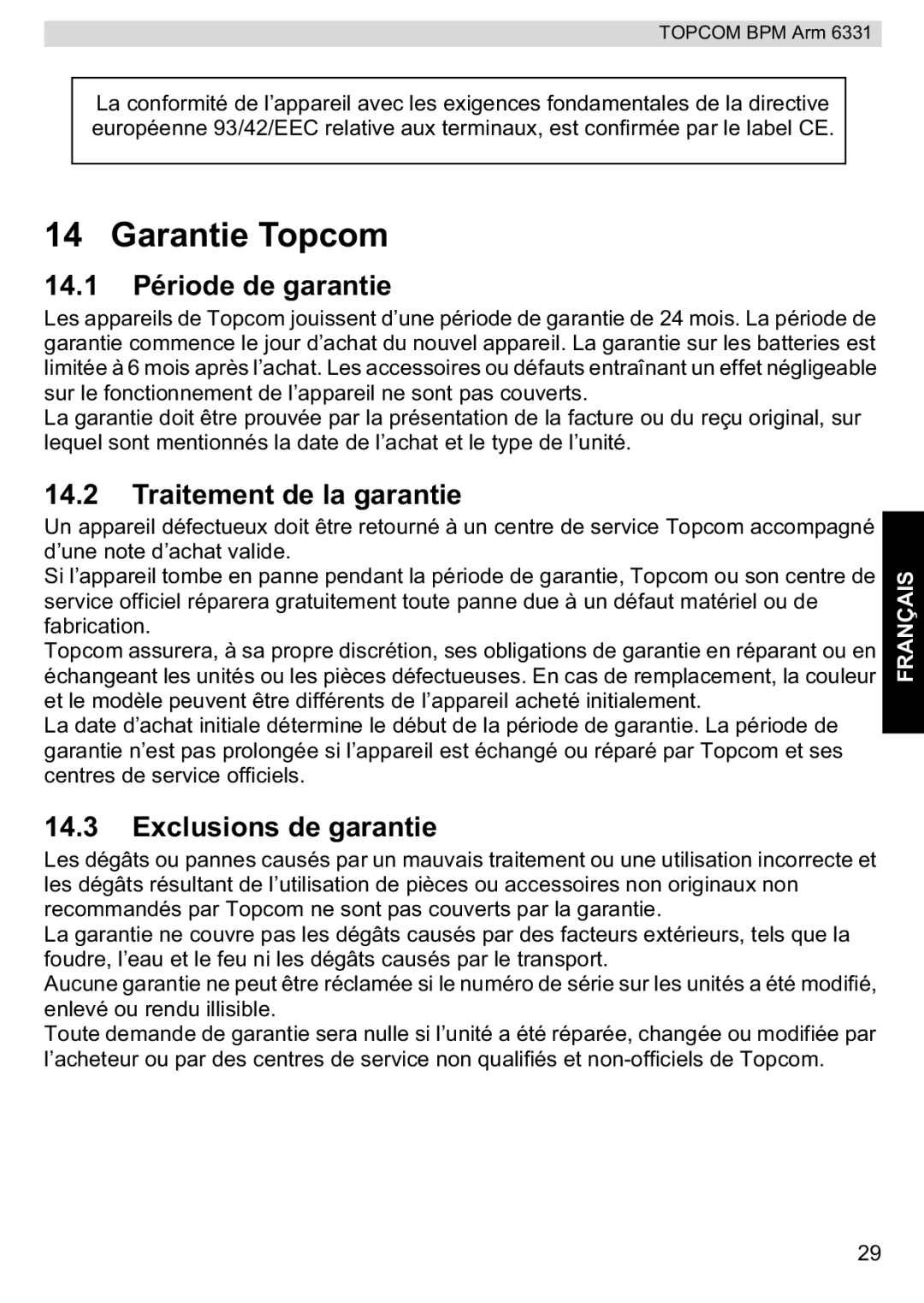 Topcom 6331 manual Garantie Topcom, 14.1 Période de garantie, Traitement de la garantie, Exclusions de garantie 