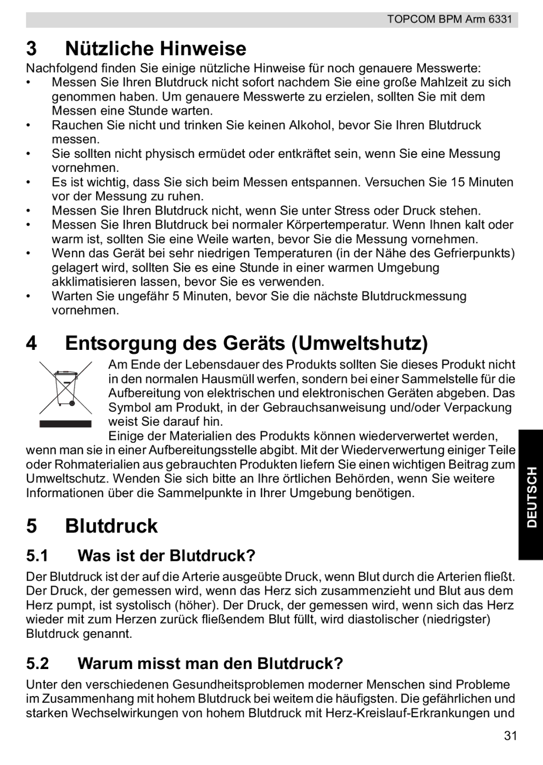 Topcom 6331 manual Nützliche Hinweise, Entsorgung des Geräts Umweltshutz, Was ist der Blutdruck? 