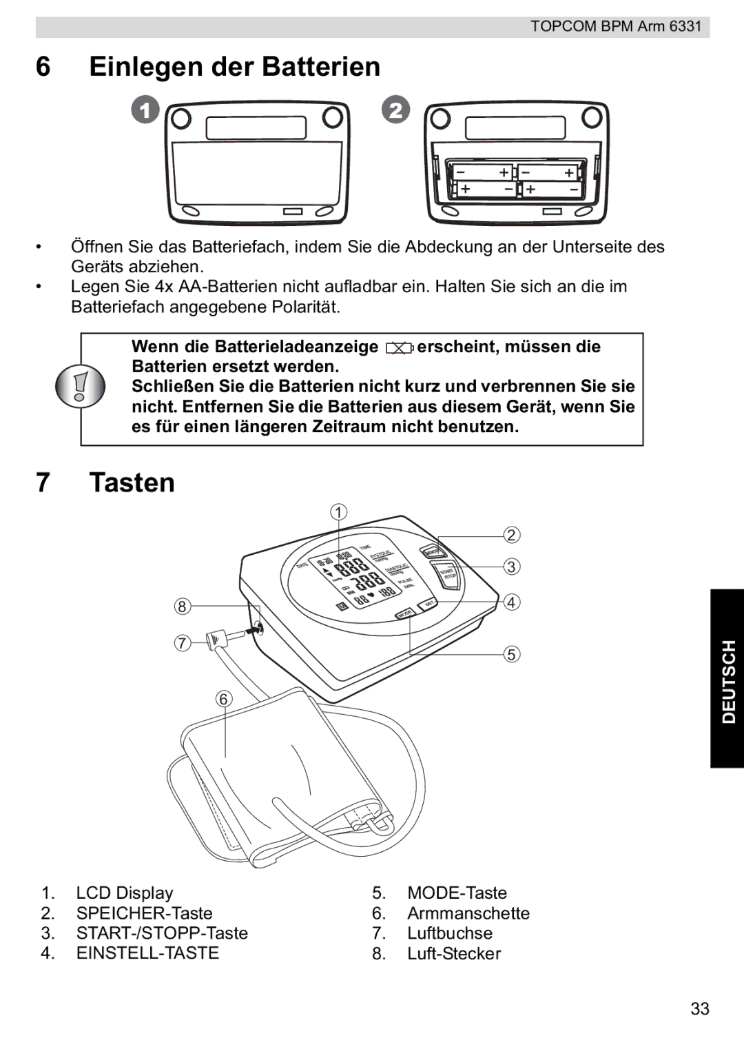 Topcom 6331 manual Einlegen der Batterien, Tasten 